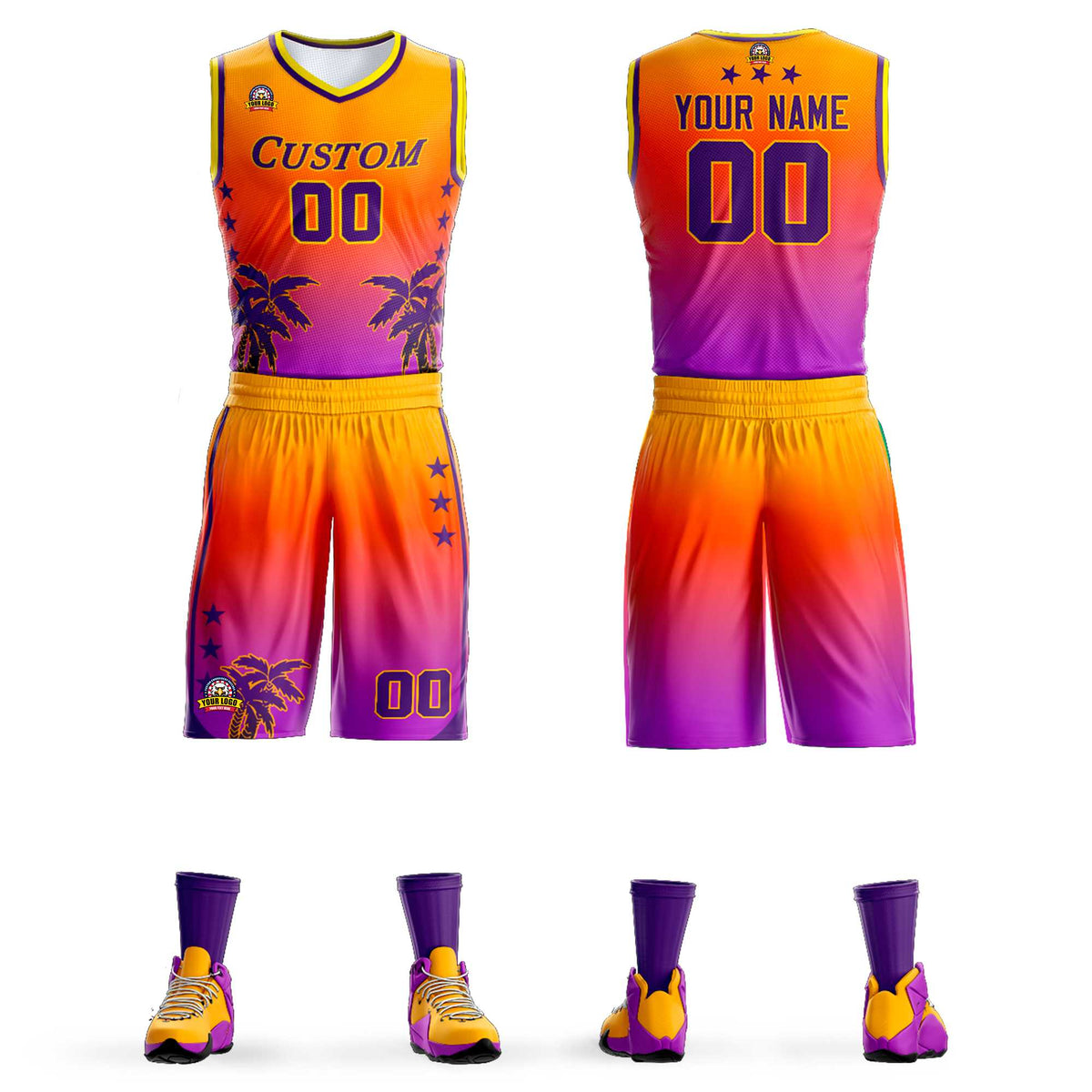 Maillot de basket-ball personnalisé à motif cocotier, dégradé jaune orange-violet