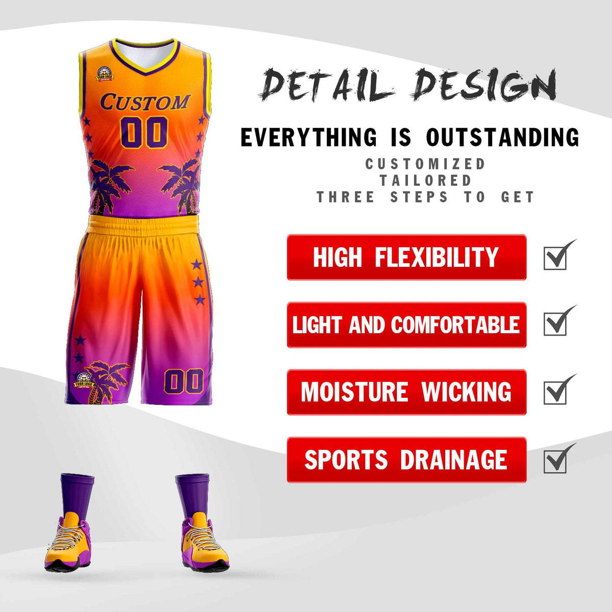 Maillot de basket-ball personnalisé à motif cocotier, dégradé jaune orange-violet