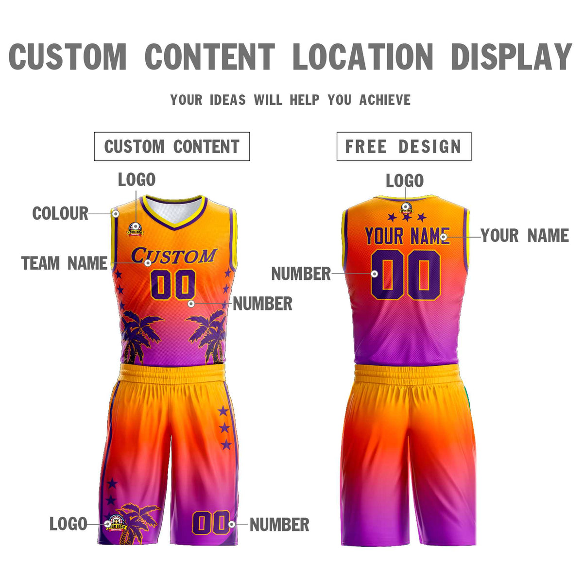 Maillot de basket-ball personnalisé à motif cocotier, dégradé jaune orange-violet