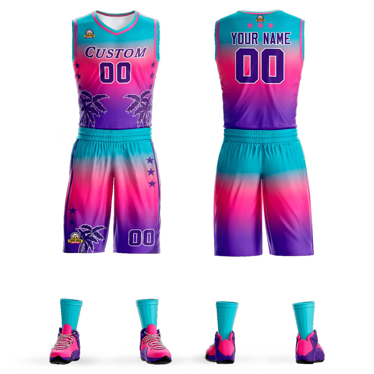 Maillot de basket-ball personnalisé à motif cocotier, dégradé bleu rose-violet
