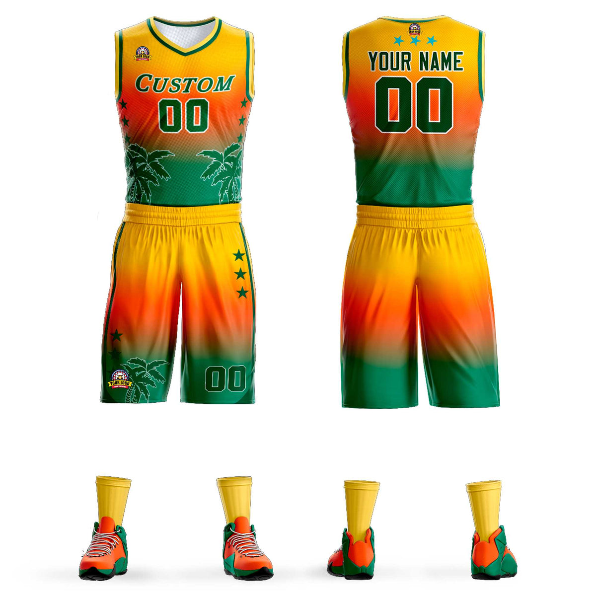 Maillot de basket-ball personnalisé à motif cocotier, dégradé jaune orange-vert