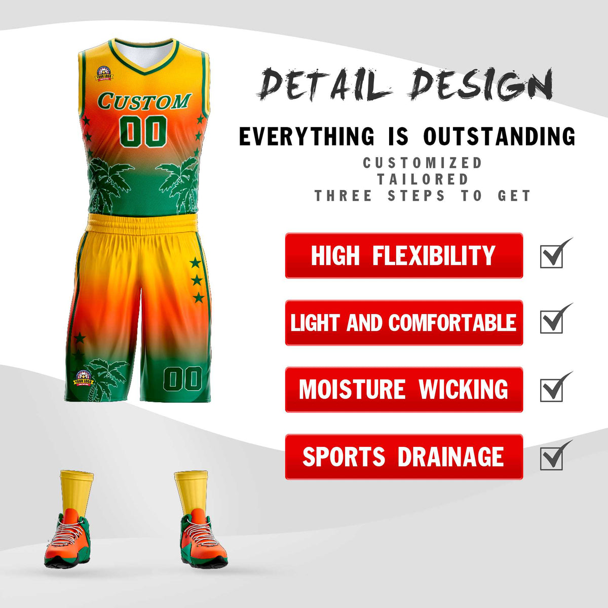 Maillot de basket-ball personnalisé à motif cocotier, dégradé jaune orange-vert
