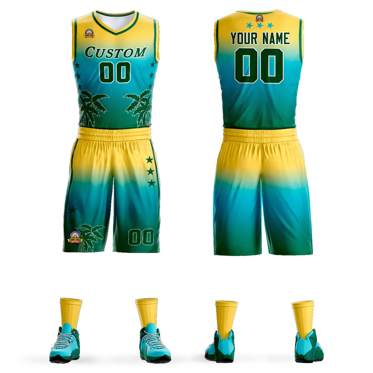 Maillot de basket-ball personnalisé à motif cocotier, dégradé jaune bleu-aqua