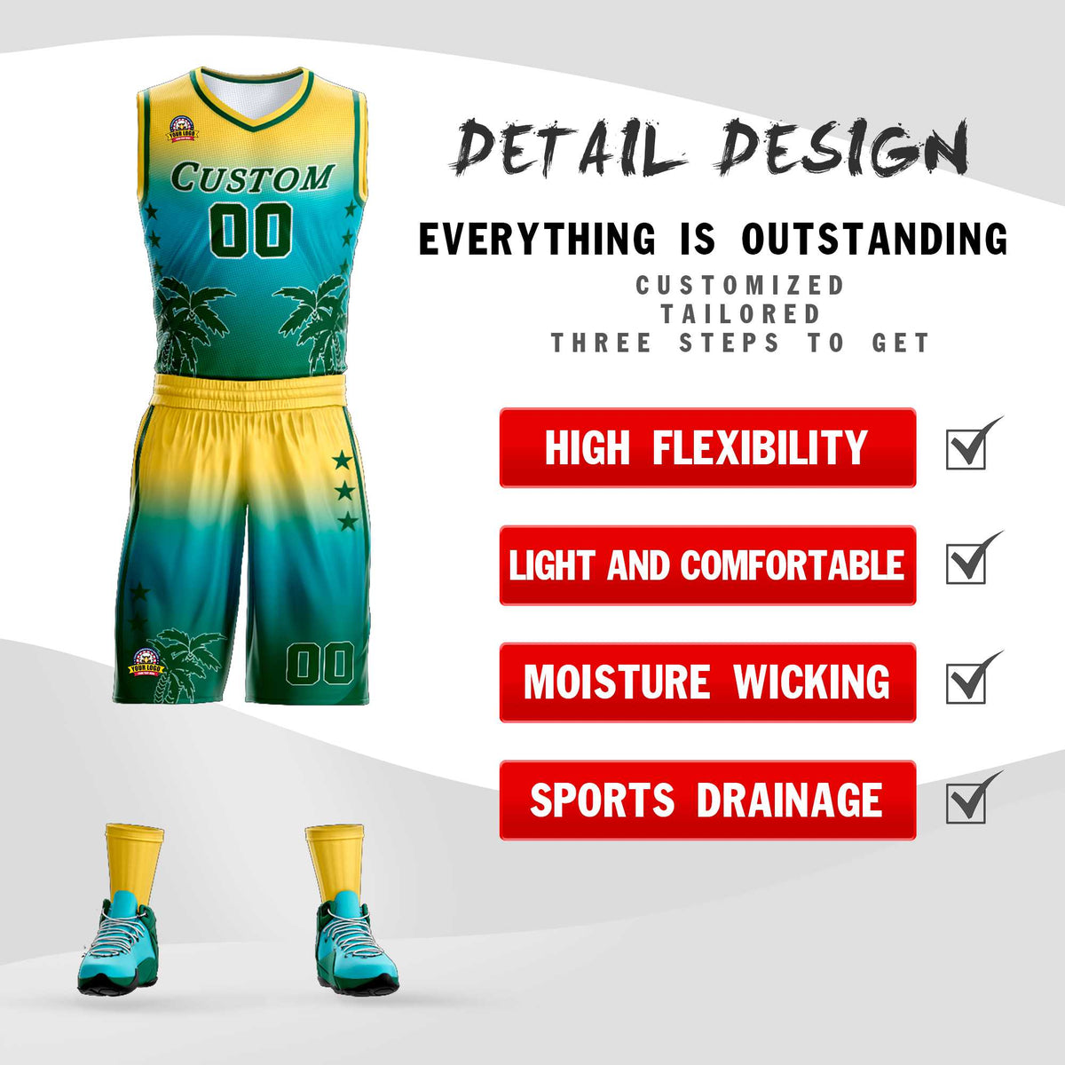 Maillot de basket-ball personnalisé à motif cocotier, dégradé jaune bleu-aqua