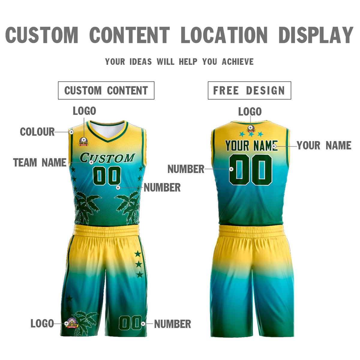 Maillot de basket-ball personnalisé à motif cocotier, dégradé jaune bleu-aqua