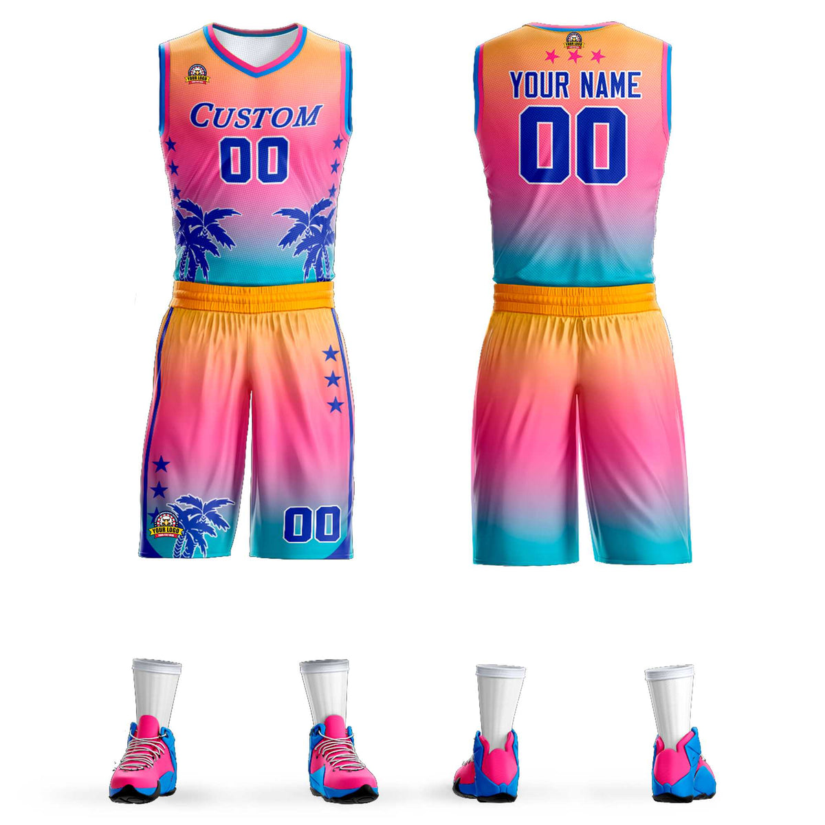 Maillot de basket-ball personnalisé à motif cocotier, dégradé jaune, rose et bleu