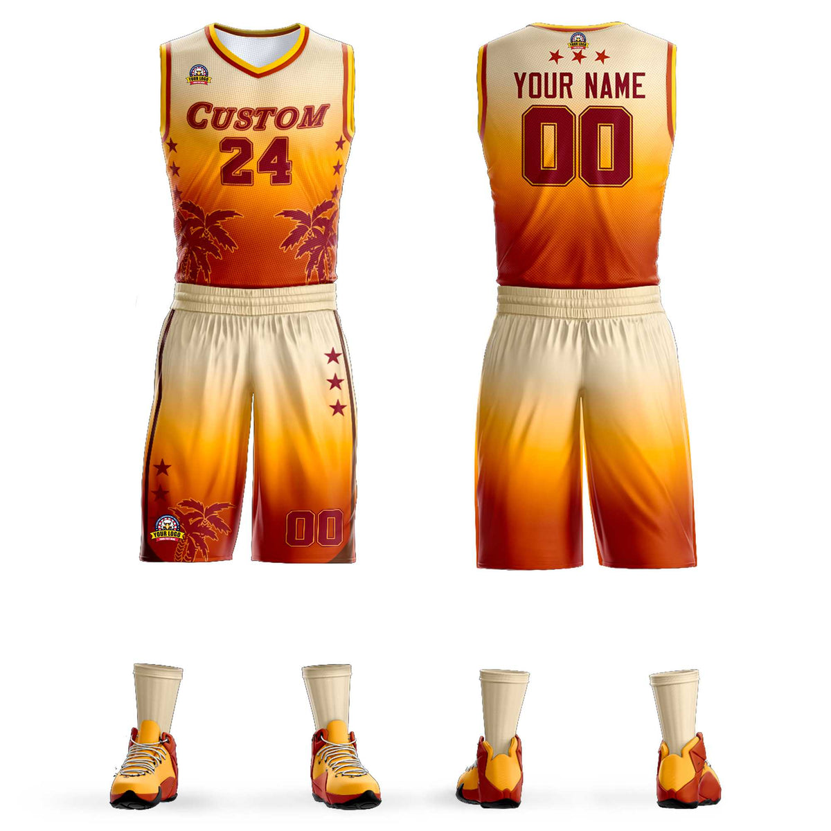 Maillot de basket-ball personnalisé à motif cocotier, dégradé jaune crème-orange texan