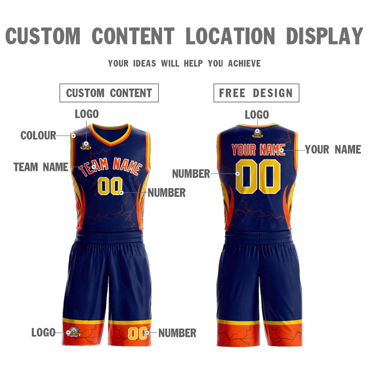 Custom Navy Orange-White Graffiti Pattern kits Lightning Basketball Jersey | KXKSHOP