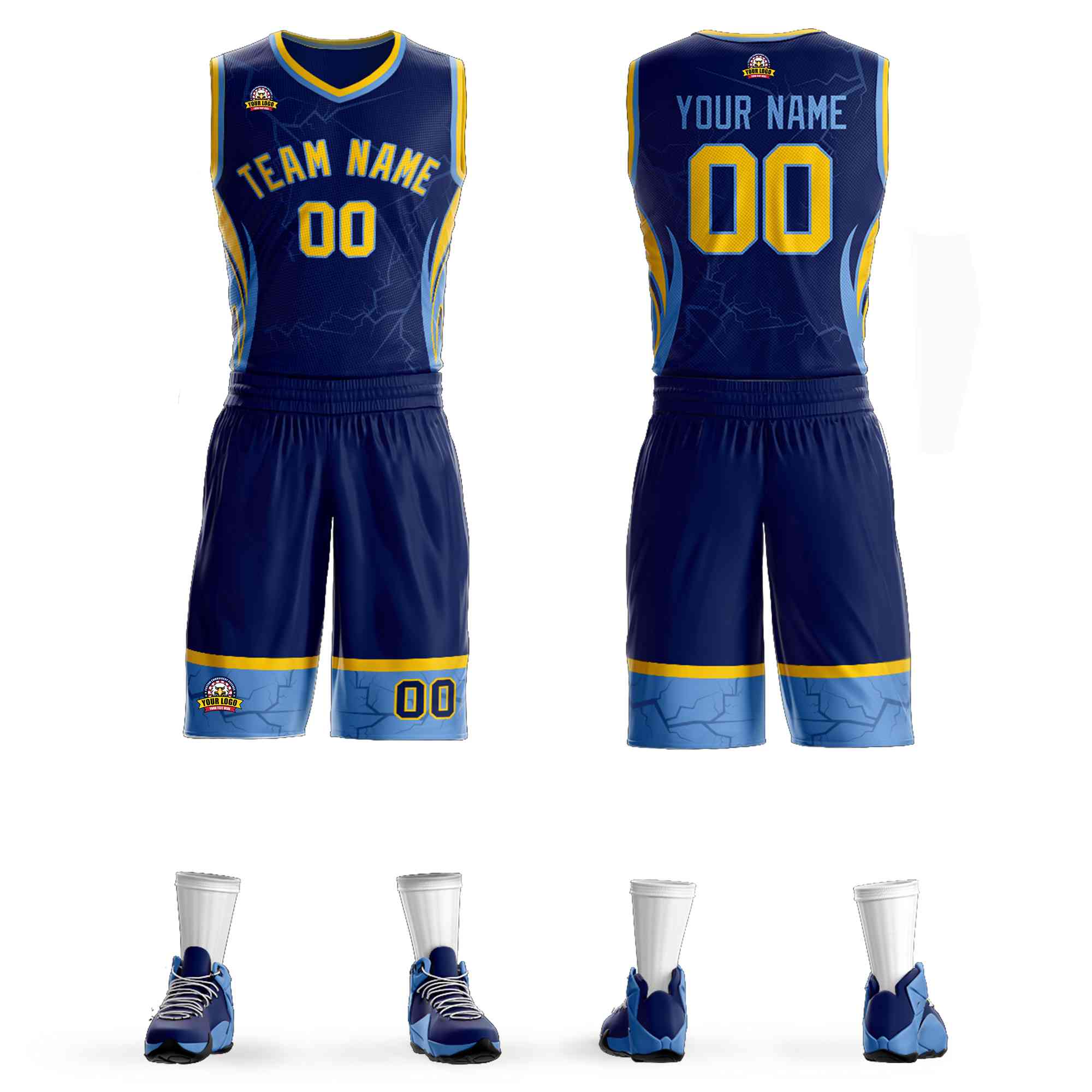 Custom Navy Gold-Light Blue Graffiti Pattern kits Lightning Basketball Jersey | KXKSHOP