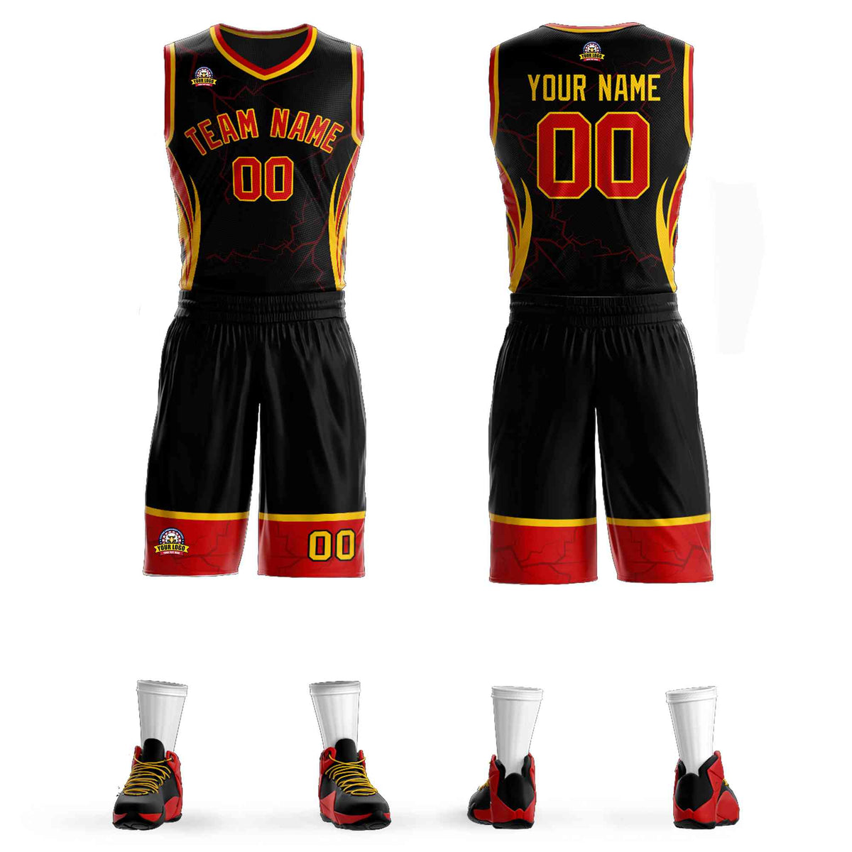 Custom Black Red-Gold Graffiti Pattern kits Lightning Basketball Jersey | KXKSHOP