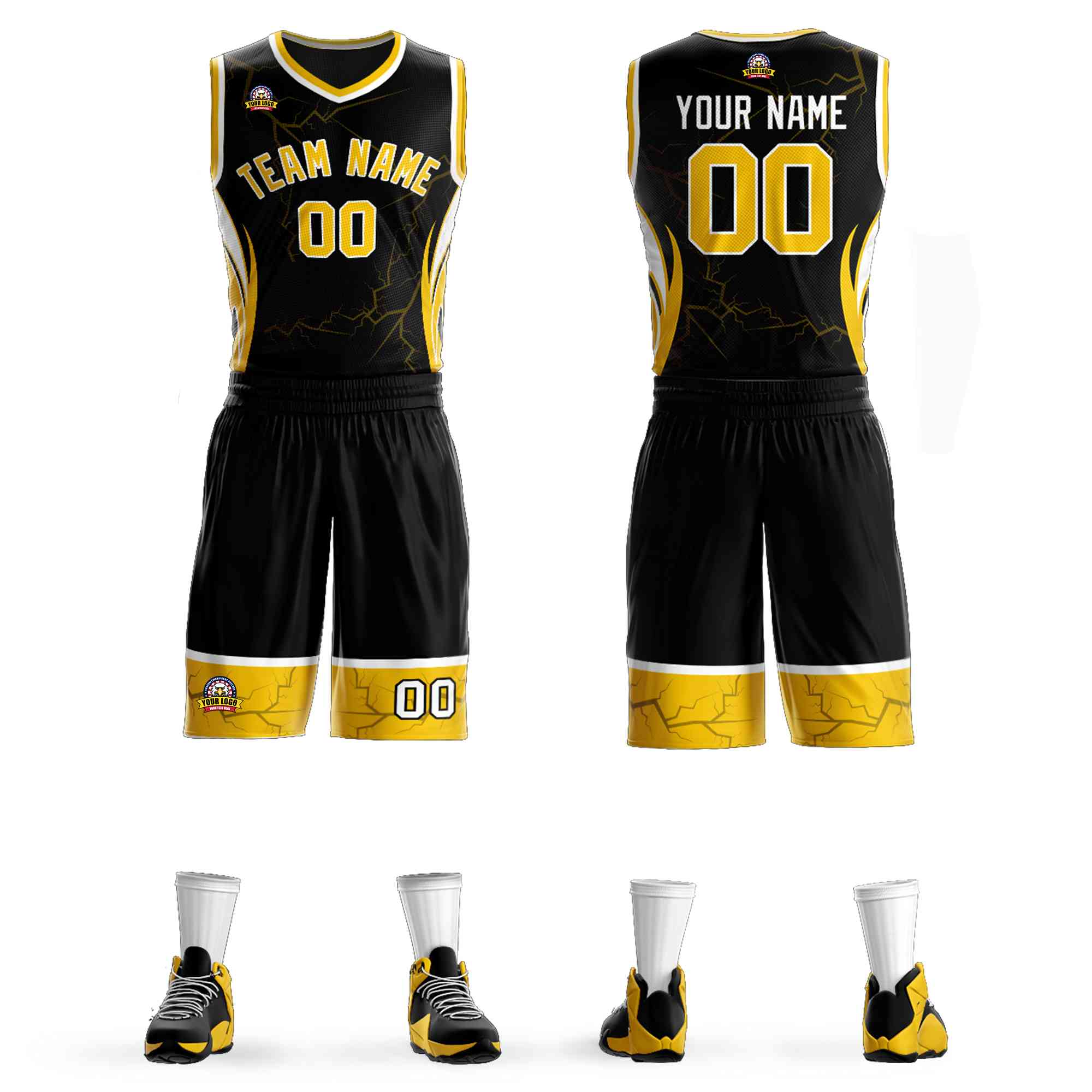 Custom Black Gold-White Graffiti Pattern kits Lightning Basketball Jersey | KXKSHOP