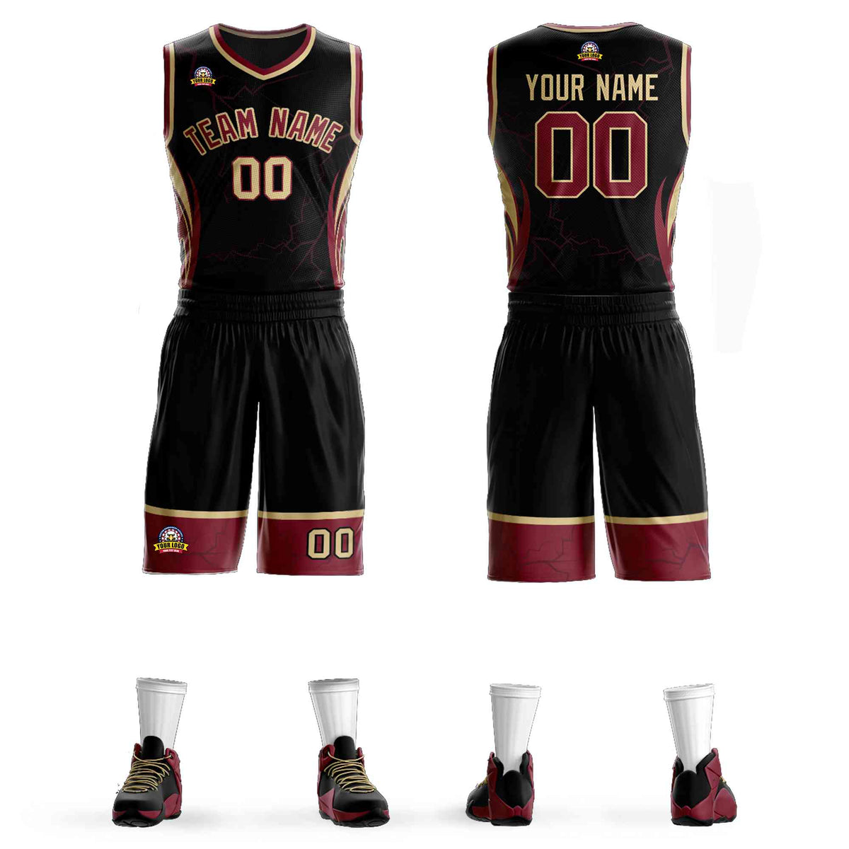 Custom Black Maroon-Khaki Graffiti Pattern kits Lightning Basketball Jersey | KXKSHOP