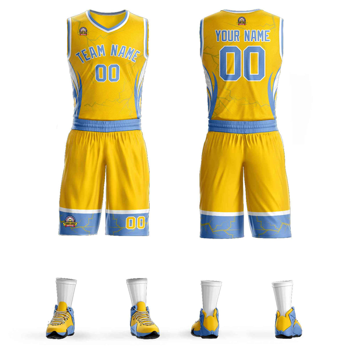 Custom Gold Light Blue-White Graffiti Pattern kits Lightning Basketball Jersey | KXKSHOP