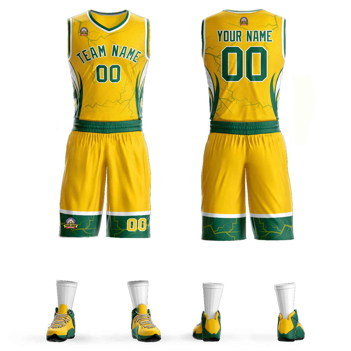 Custom Gold Kelly Green-White Graffiti Pattern kits Lightning Basketball Jersey | KXKSHOP