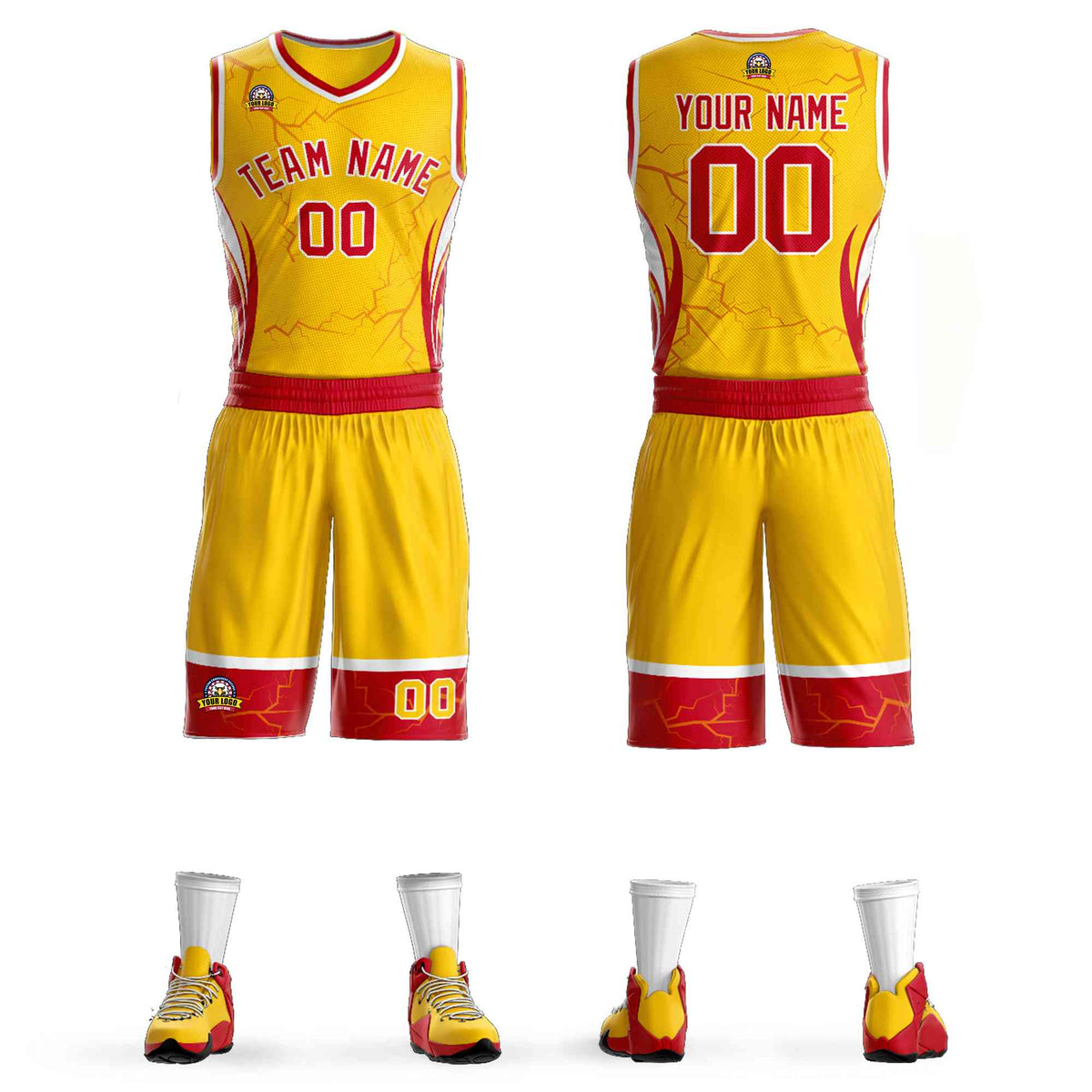 Custom Gold Red-White Graffiti Pattern kits Lightning Basketball Jersey | KXKSHOP