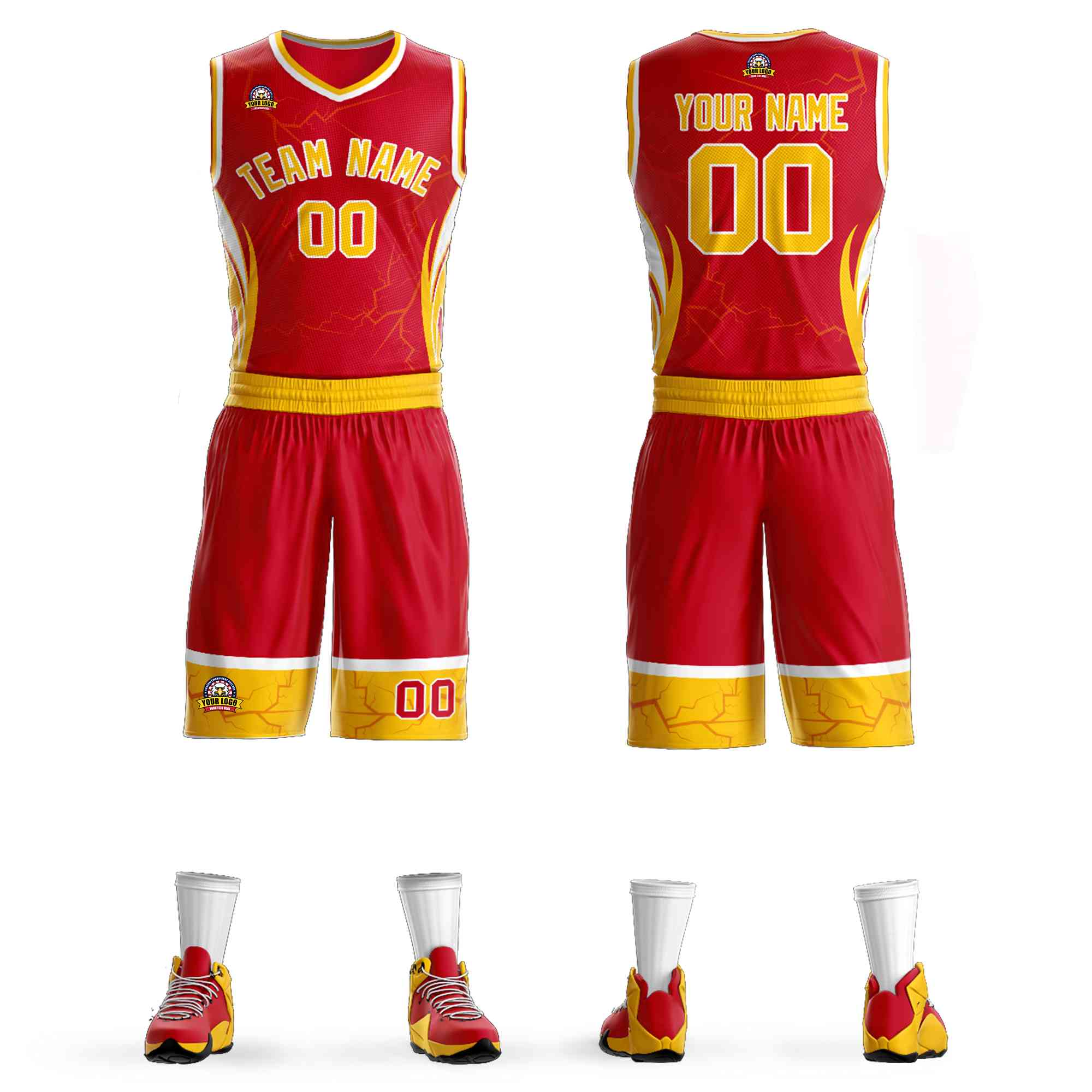 Custom Red Gold-White Graffiti Pattern kits Lightning Basketball Jersey | KXKSHOP