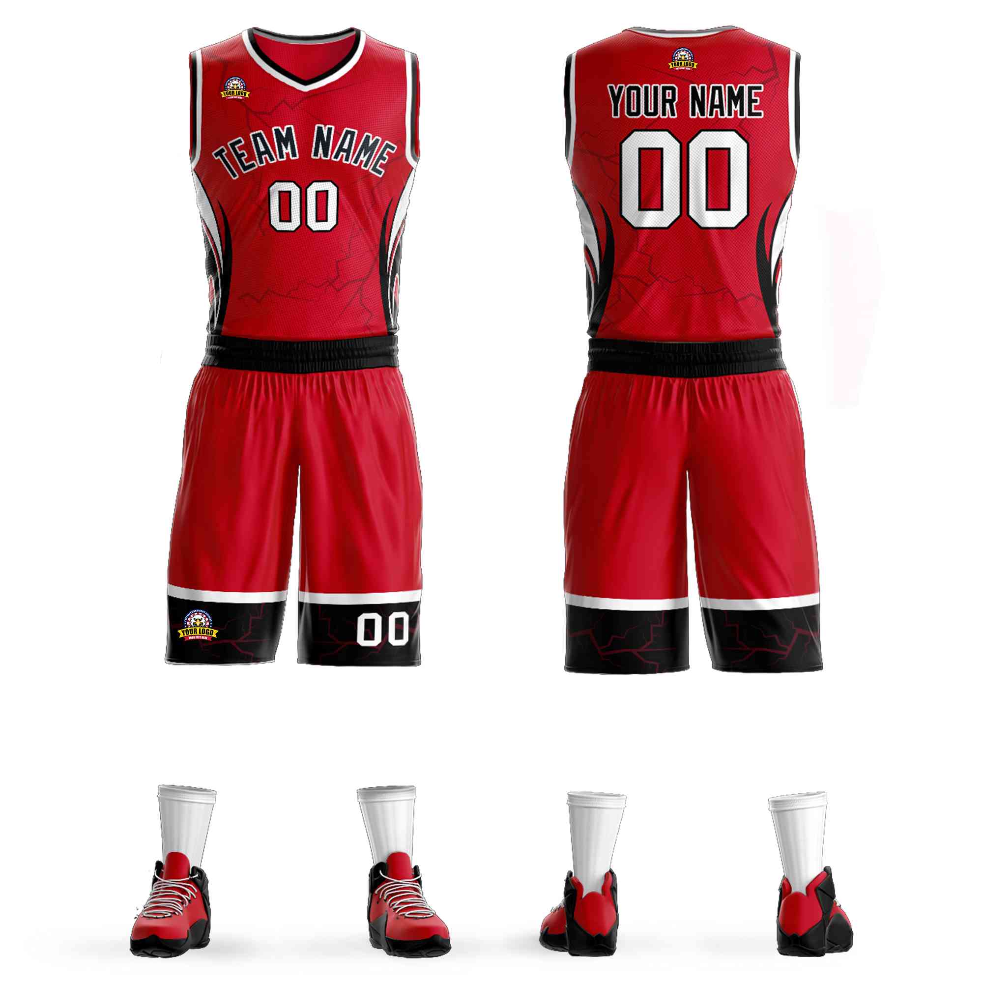 Custom Red Black-White Graffiti Pattern kits Lightning Basketball Jersey | KXKSHOP
