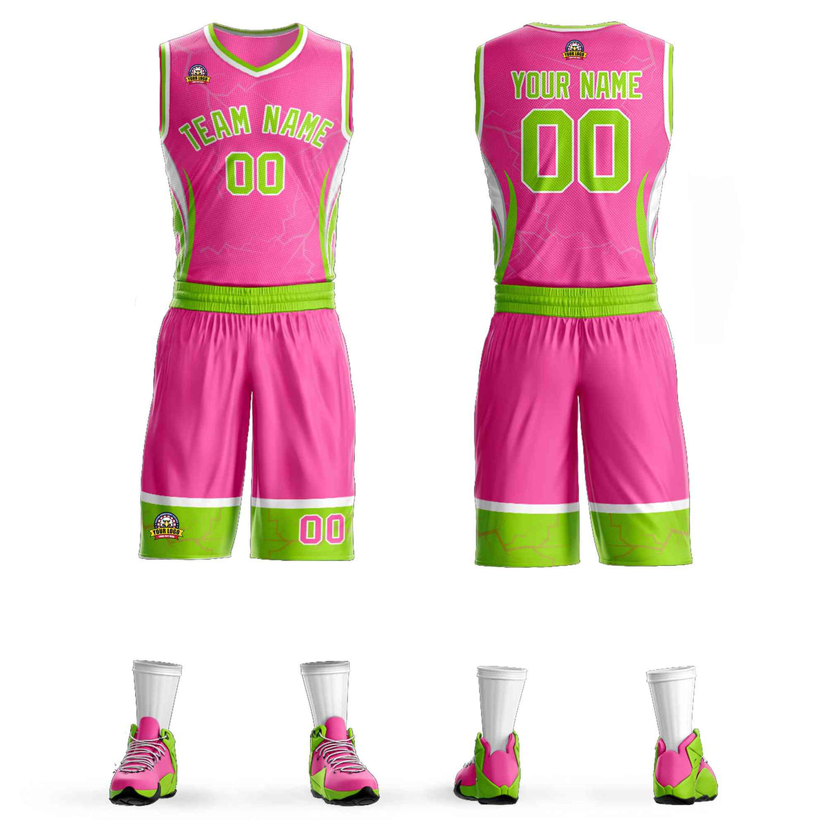 Custom Pink Neon Green-White Graffiti Pattern kits Lightning Basketball Jersey | KXKSHOP