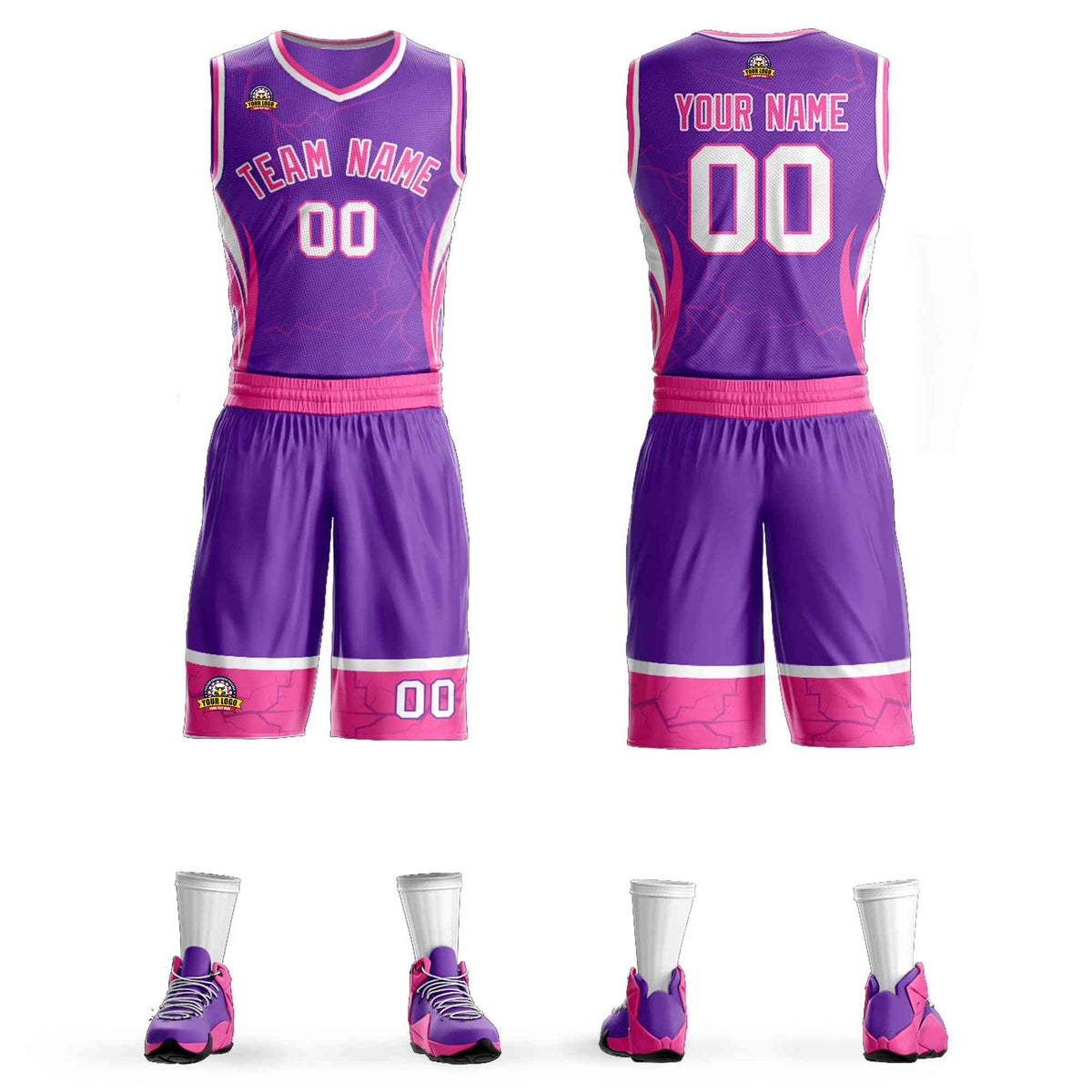 Custom Purple Pink-White Graffiti Pattern kits Lightning Basketball Jersey | KXKSHOP