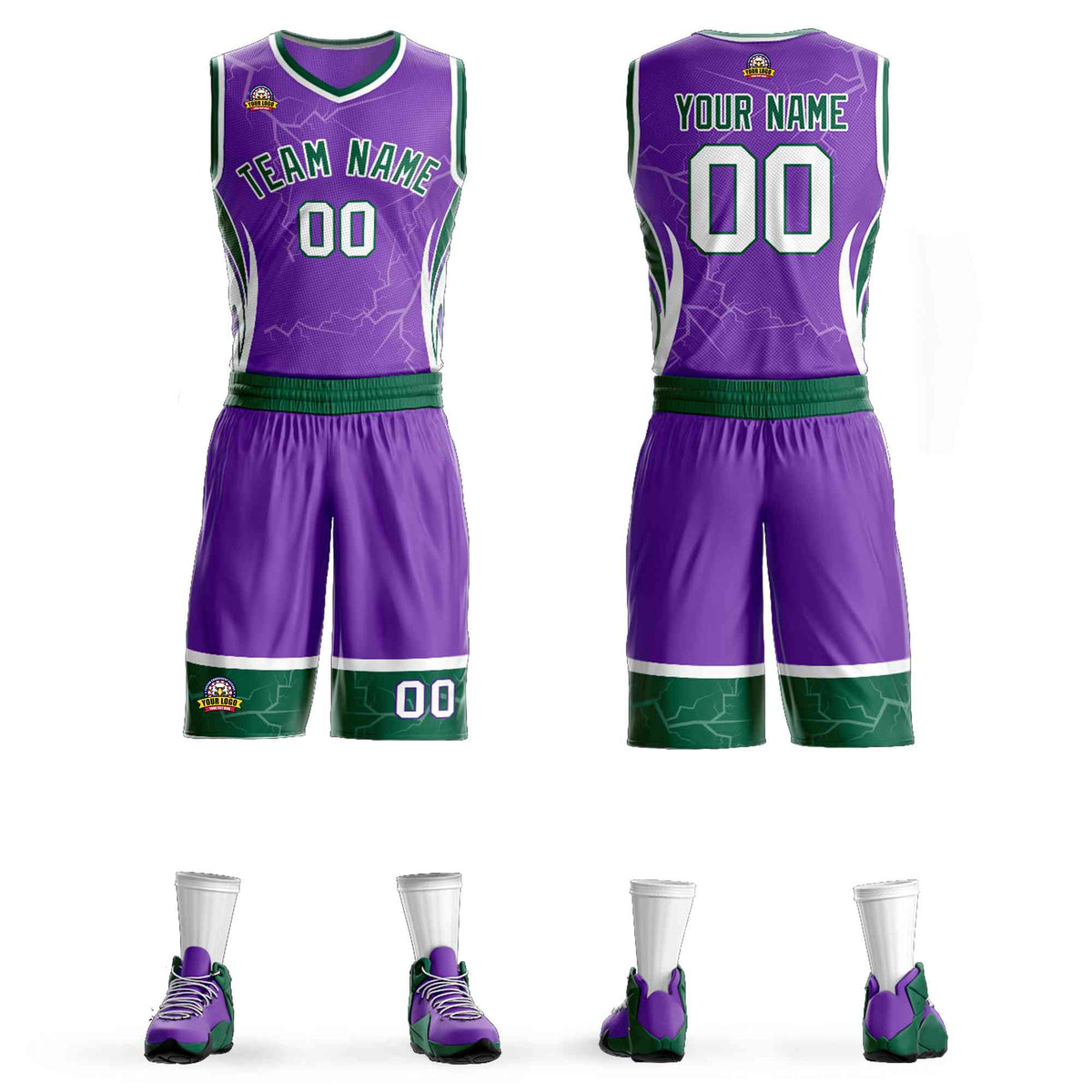 Custom Purple Green-White Graffiti Pattern kits Lightning Basketball Jersey | KXKSHOP