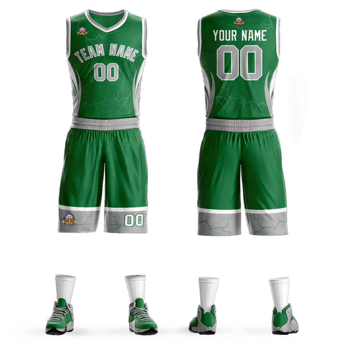Custom Kelly Green Gray-White Graffiti Pattern kits Lightning Basketball Jersey | KXKSHOP
