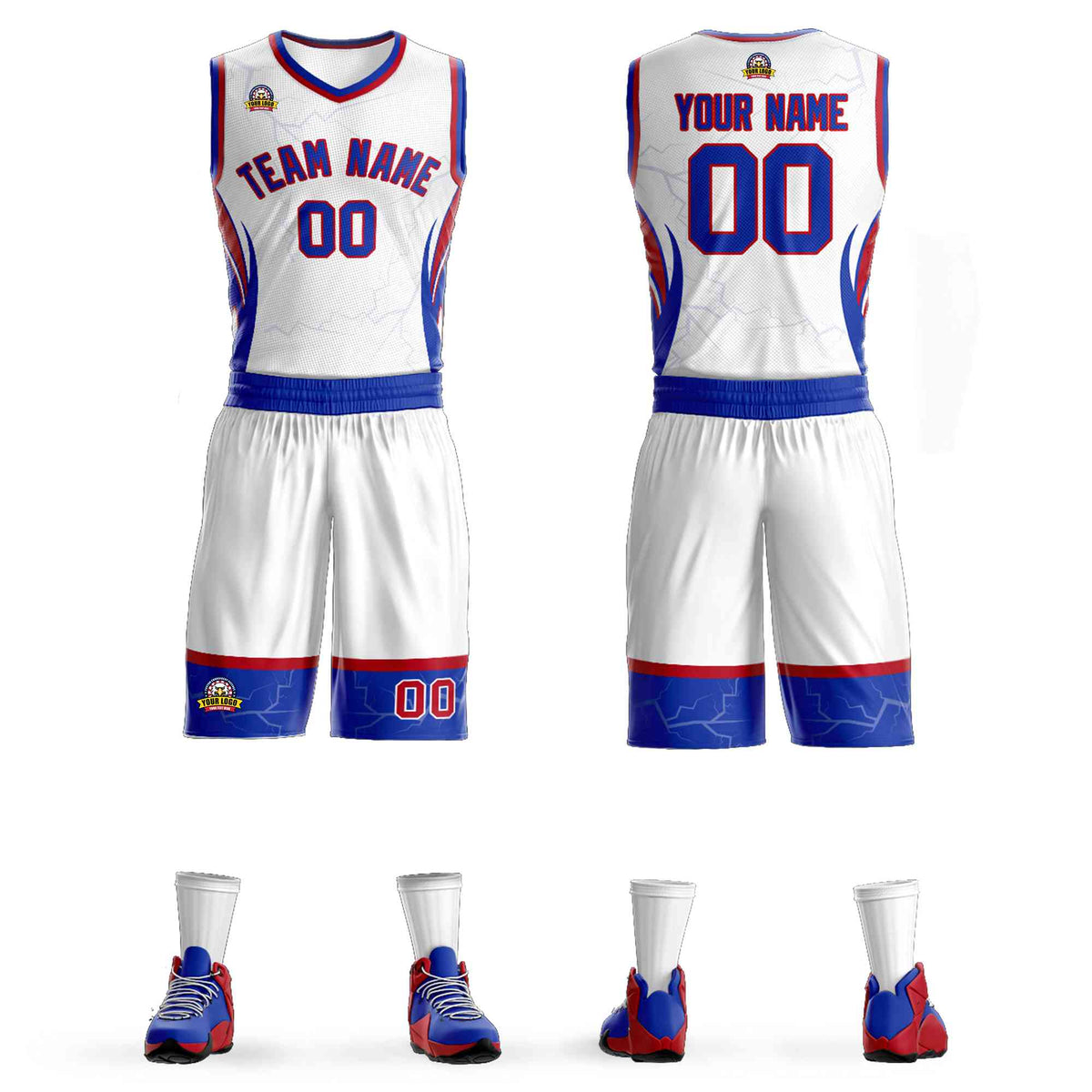 Custom White Royal-Red Graffiti Pattern kits Lightning Basketball Jersey | KXKSHOP