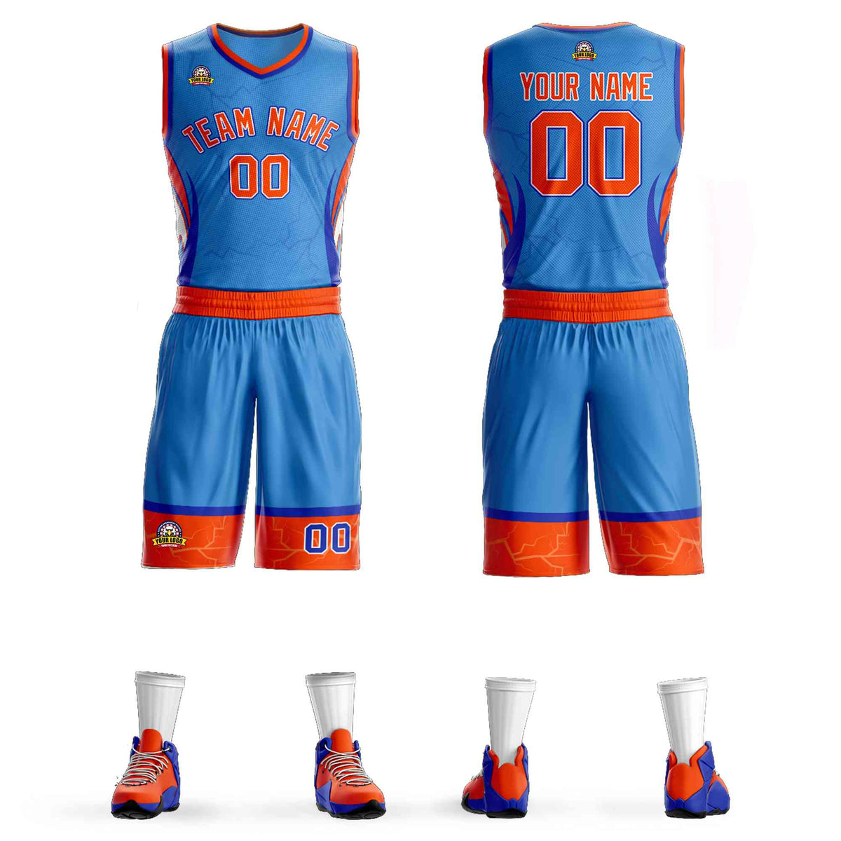 Custom Powder Blue Orange-White Graffiti Pattern kits Lightning Basketball Jersey | KXKSHOP