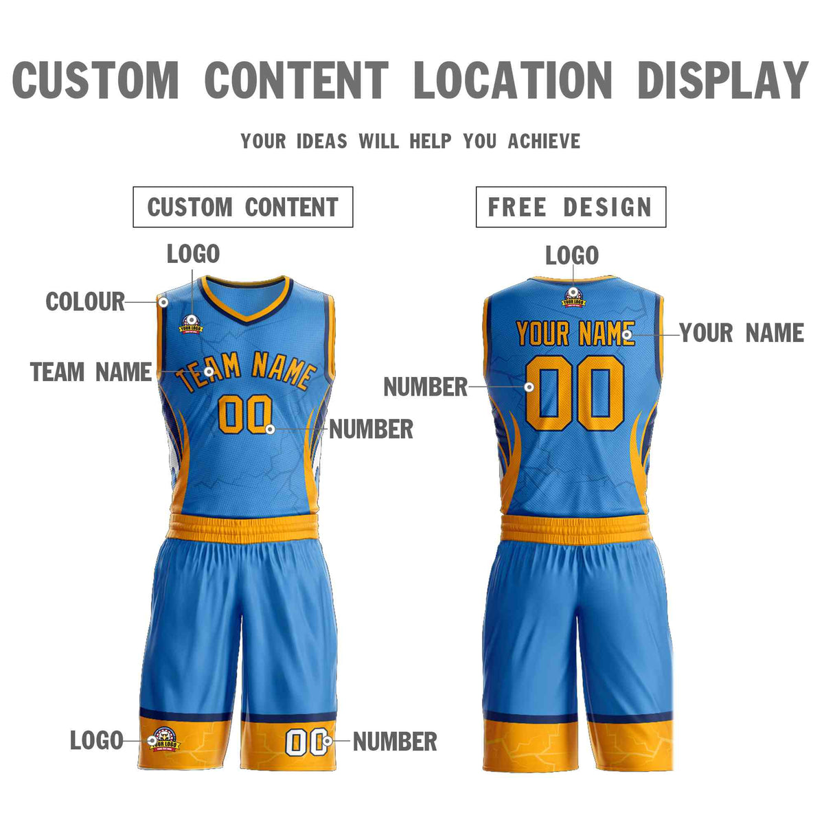 Custom Powder Blue Gold-Navy Graffiti Pattern kits Lightning Basketball Jersey