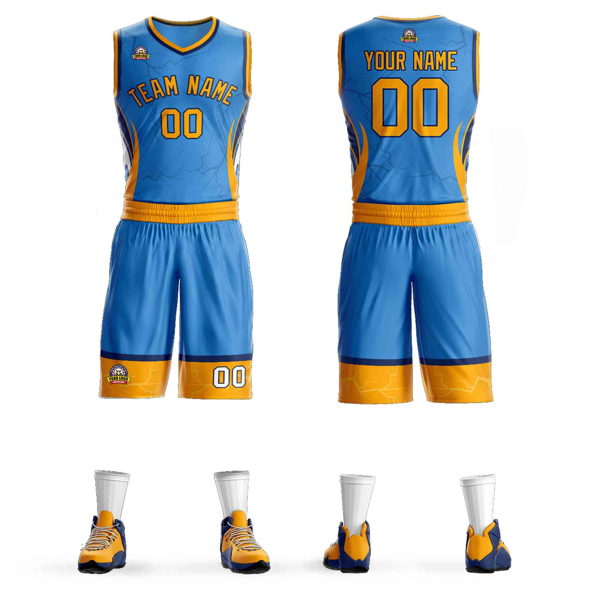 Custom Powder Blue Gold-Navy Graffiti Pattern kits Lightning Basketball Jersey | KXKSHOP