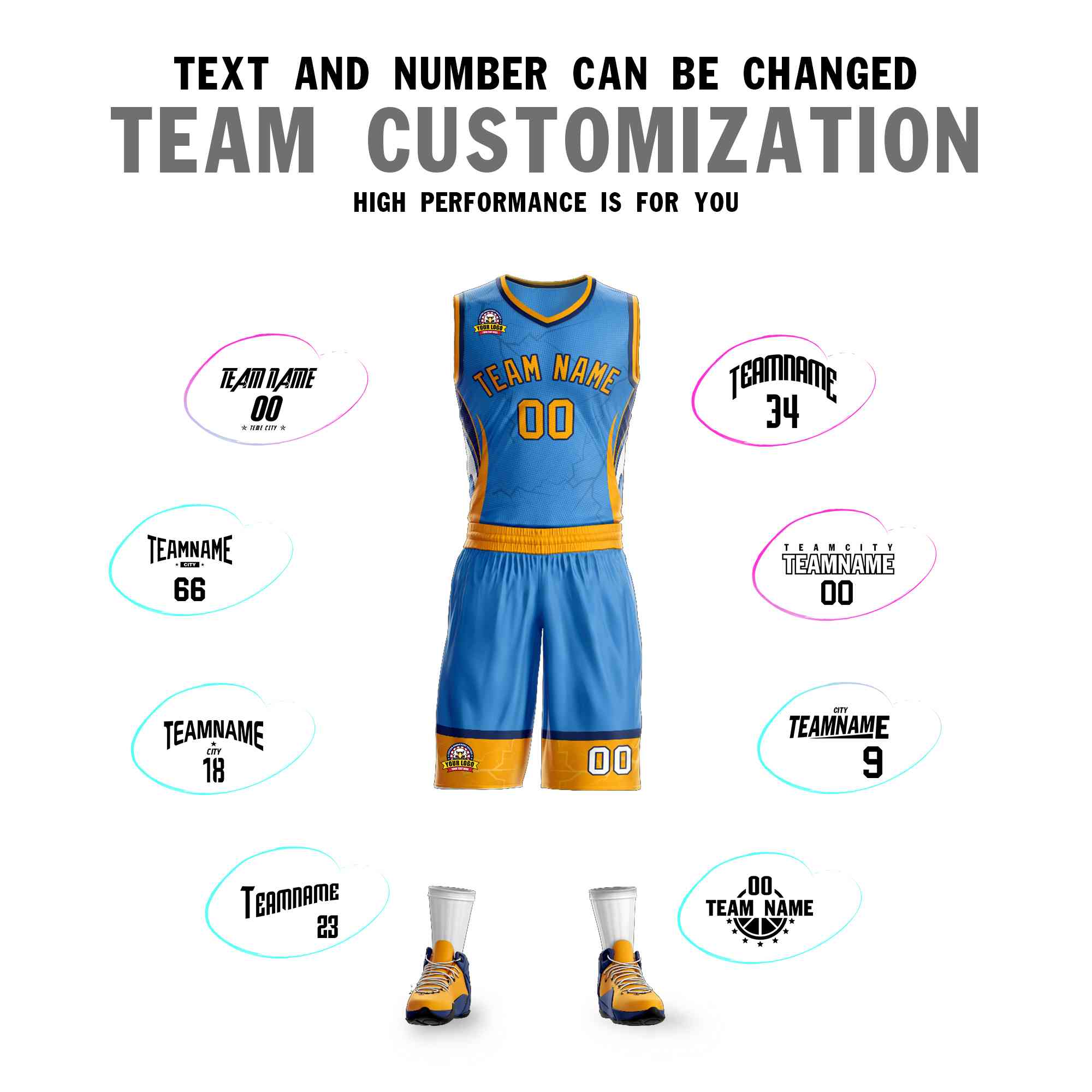 Benutzerdefinierte Puderblau Gold-Navy Graffiti Muster Kits Lightning Basketball Jersey