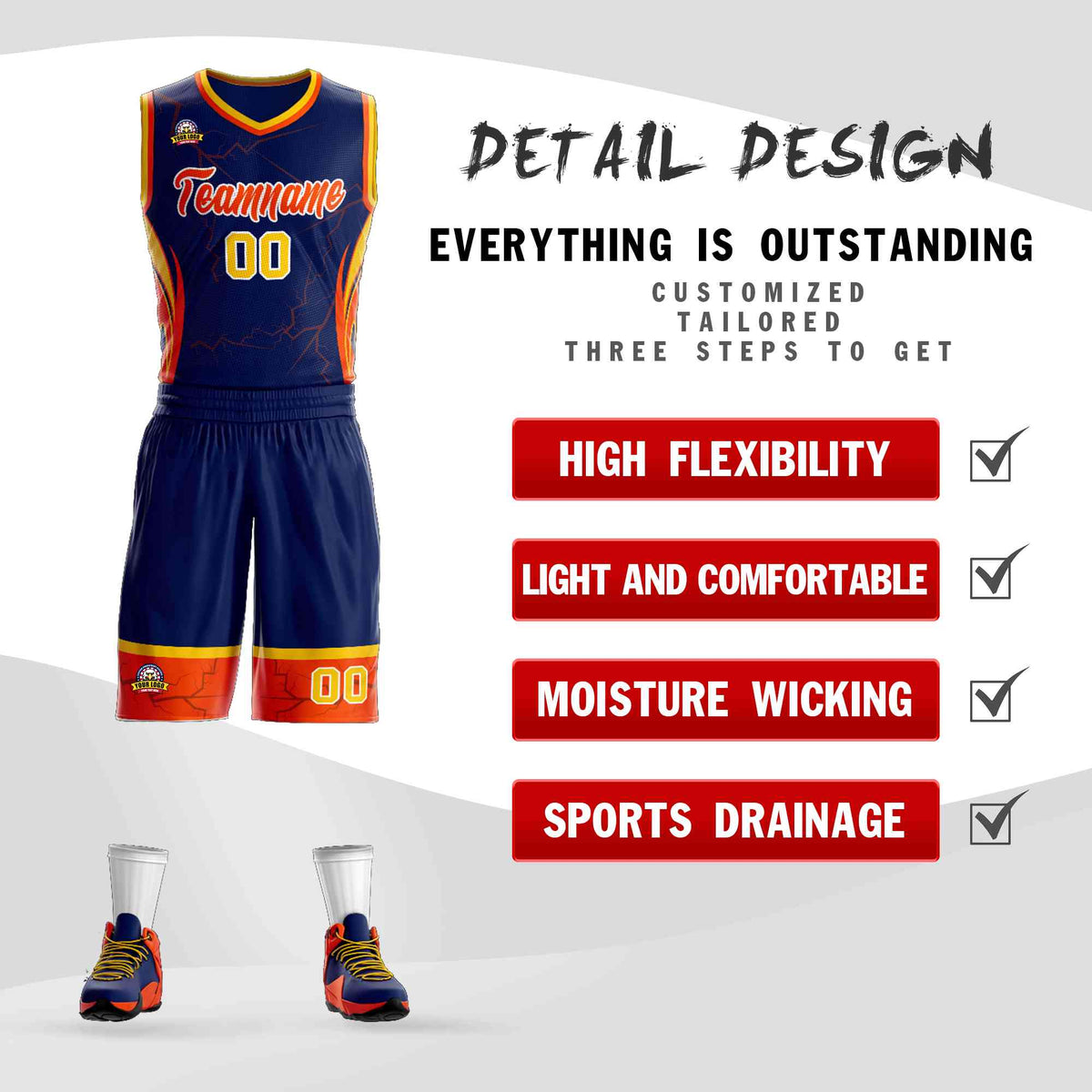 Custom Navy Orange-White Graffiti Pattern Kits Lightning Basketball Jersey