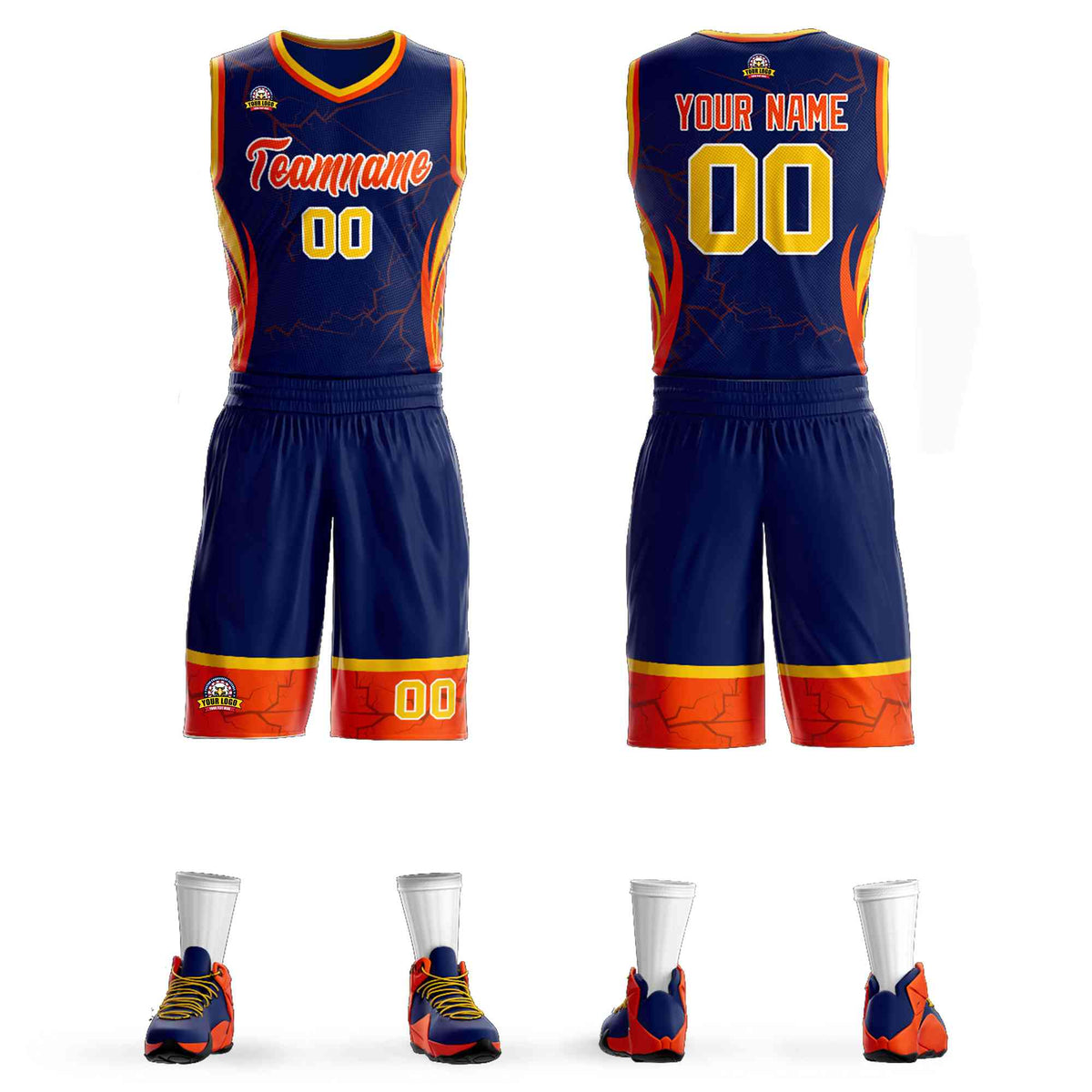 Custom Navy Orange-White Graffiti Pattern kits Lightning Basketball Jersey | KXKSHOP