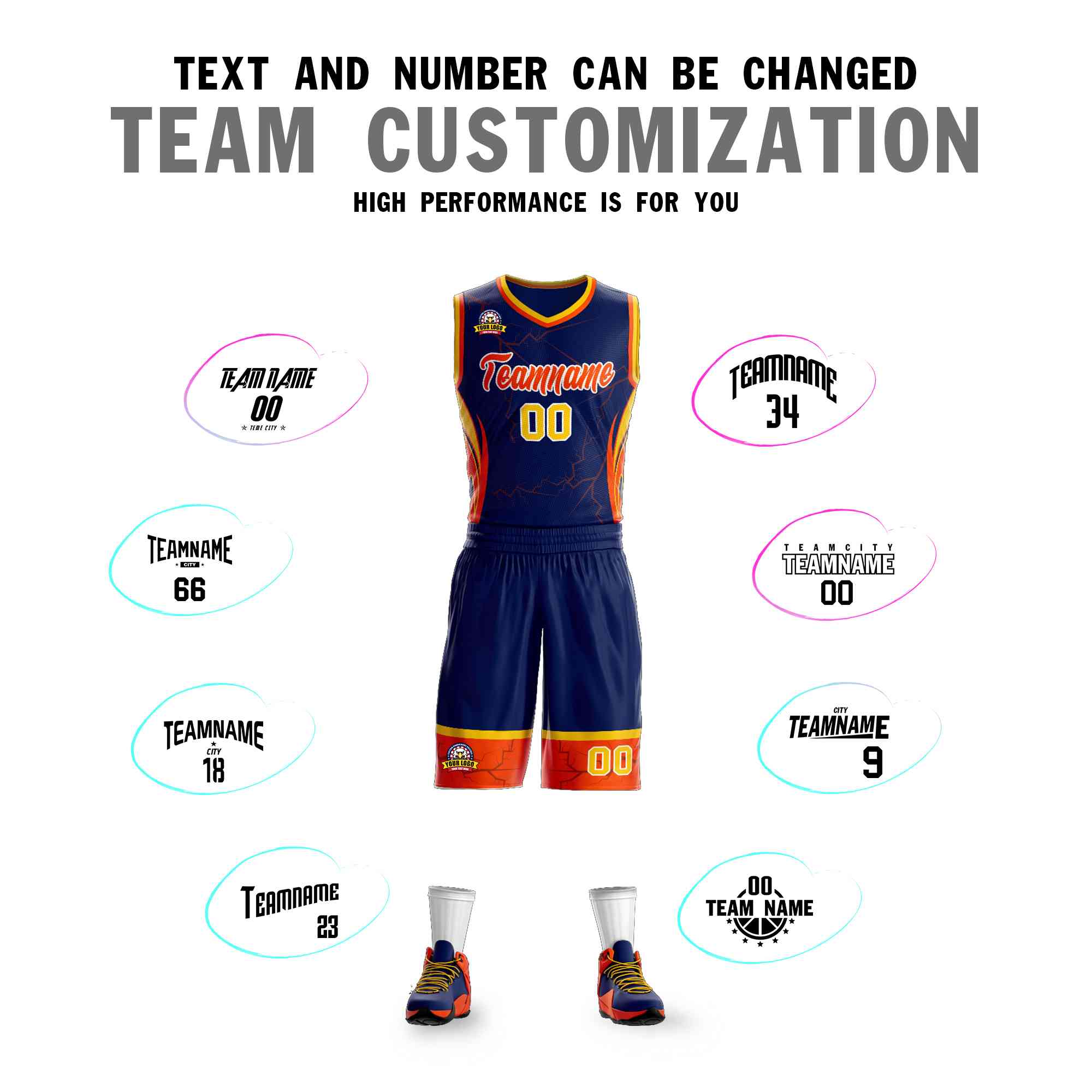 Custom Navy Orange-White Graffiti Pattern kits Lightning Basketball Jersey | KXKSHOP