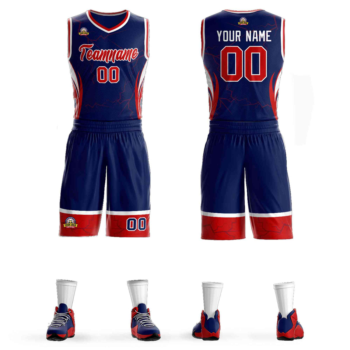 Custom Navy Red-White Graffiti Pattern Kits Lightning Basketball Jersey