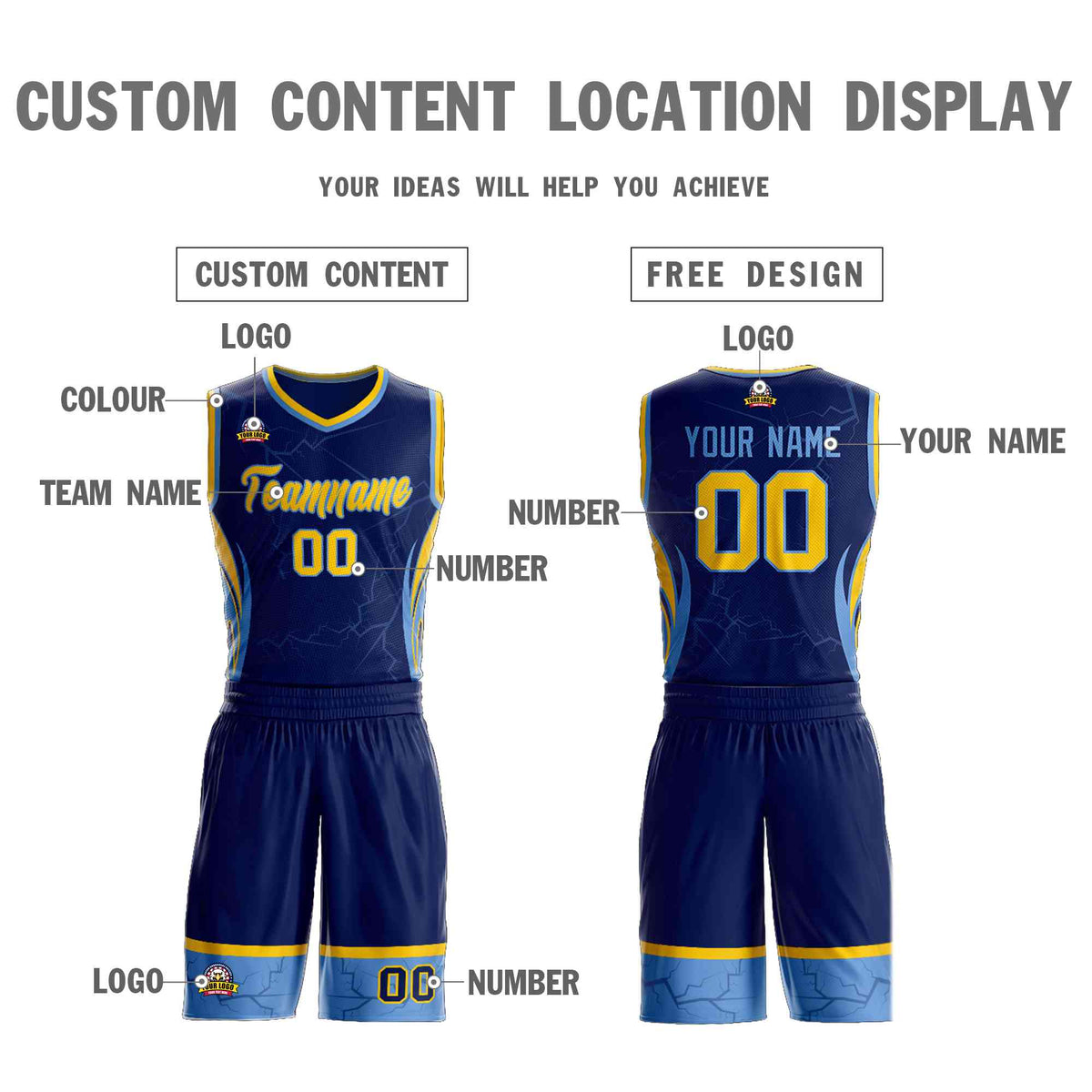 Custom Navy Gold-Light Blue Graffiti Pattern Kits Lightning Basketball Jersey