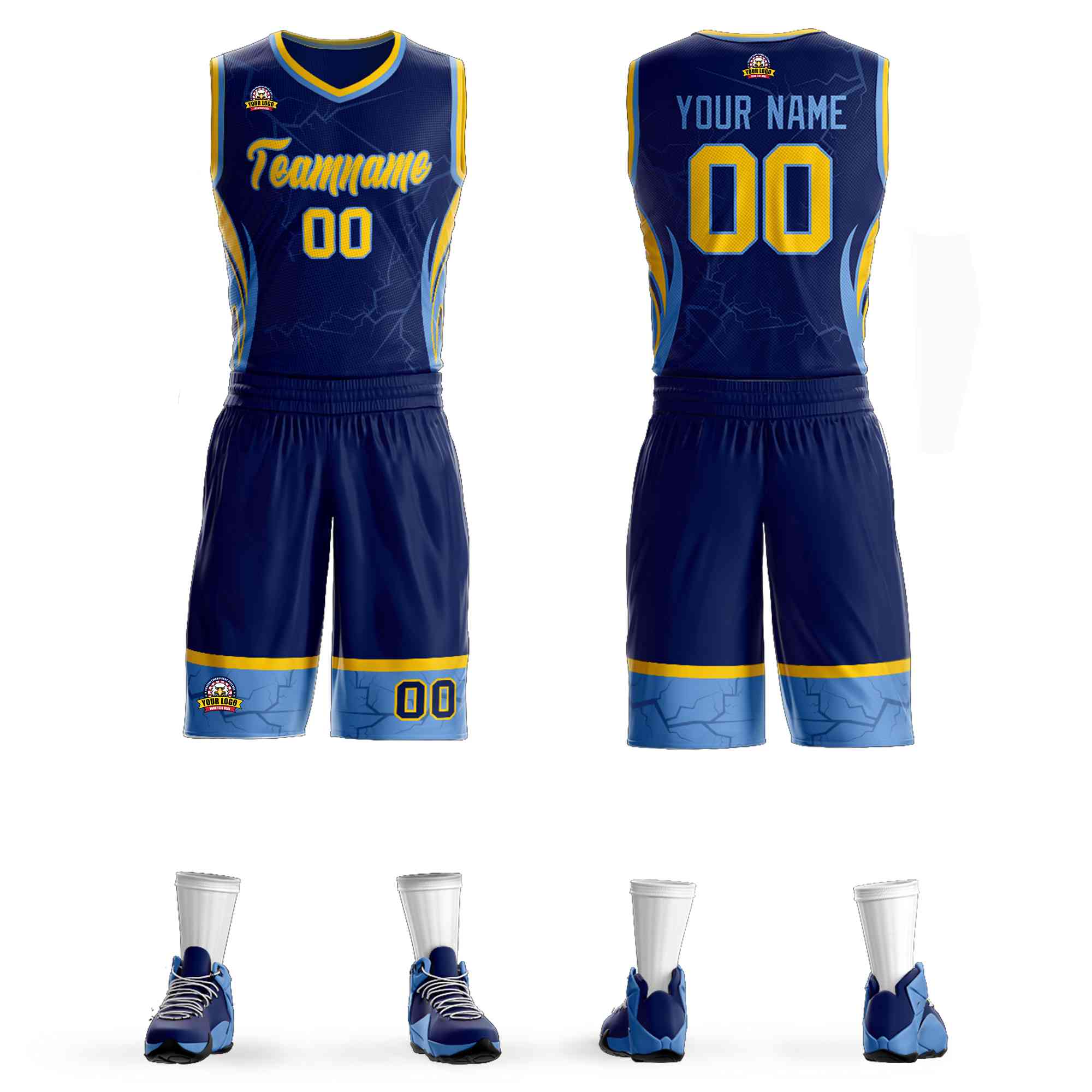 Custom Navy Gold-Light Blue Graffiti Pattern Kits Lightning Basketball Jersey