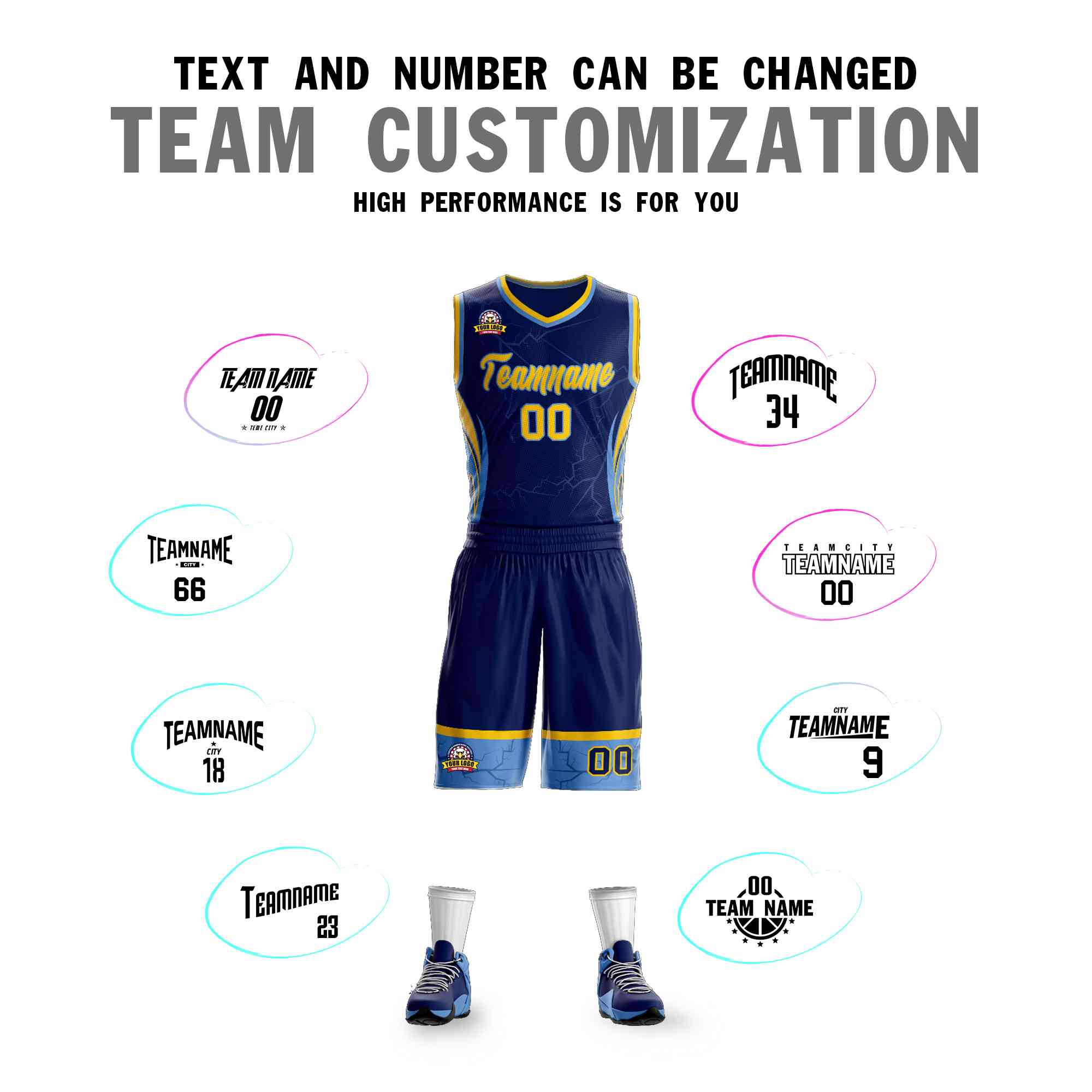 Custom Navy Gold-Light Blue Graffiti Pattern Kits Lightning Basketball Jersey