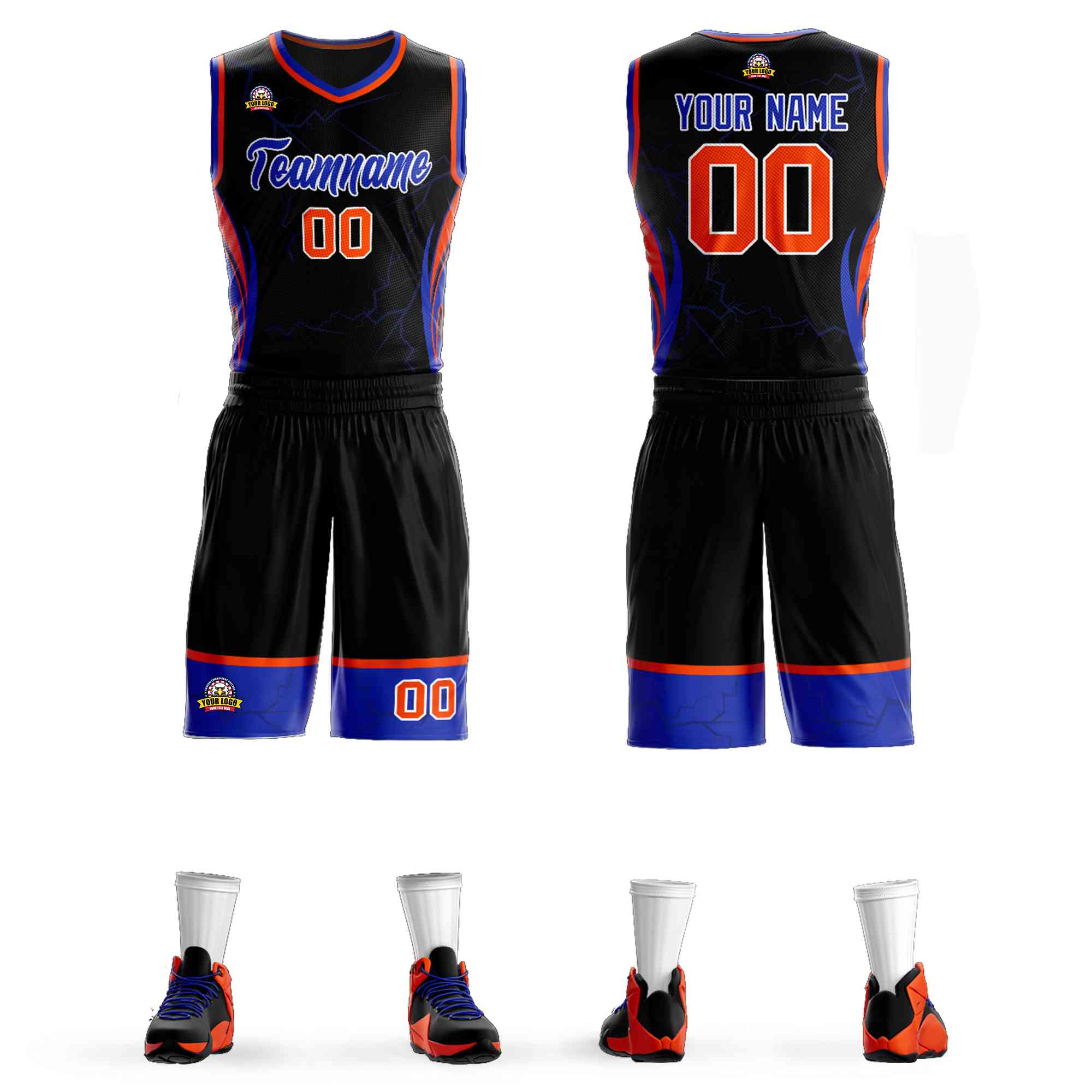 Custom Black Royal-White Graffiti Pattern Kits Lightning Basketball Jersey