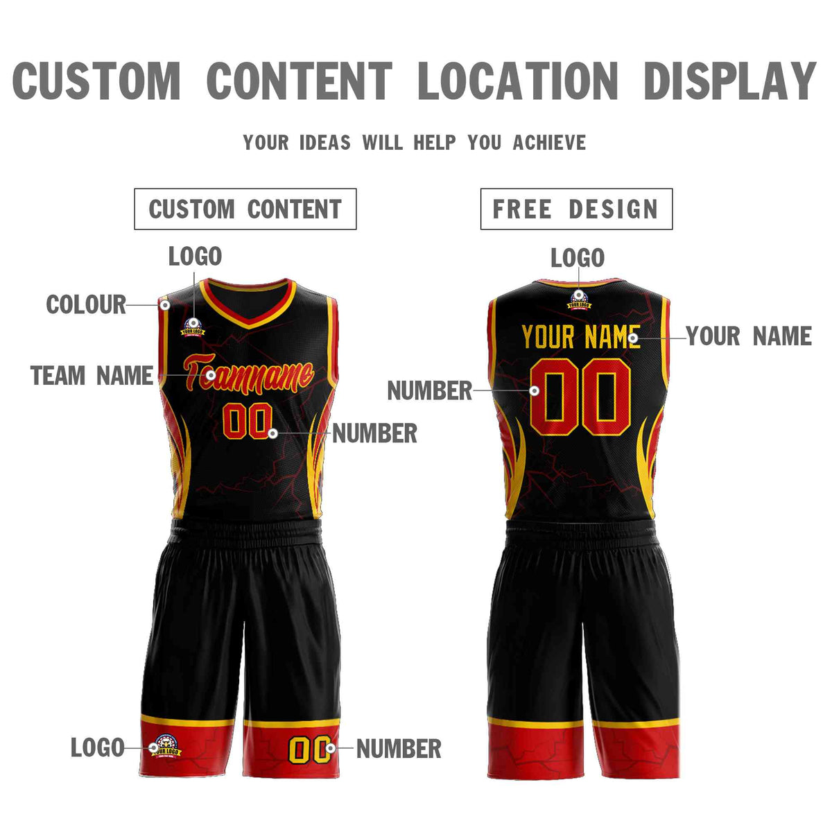 Custom Black Red-Gold Graffiti Pattern Kits Lightning Basketball Jersey