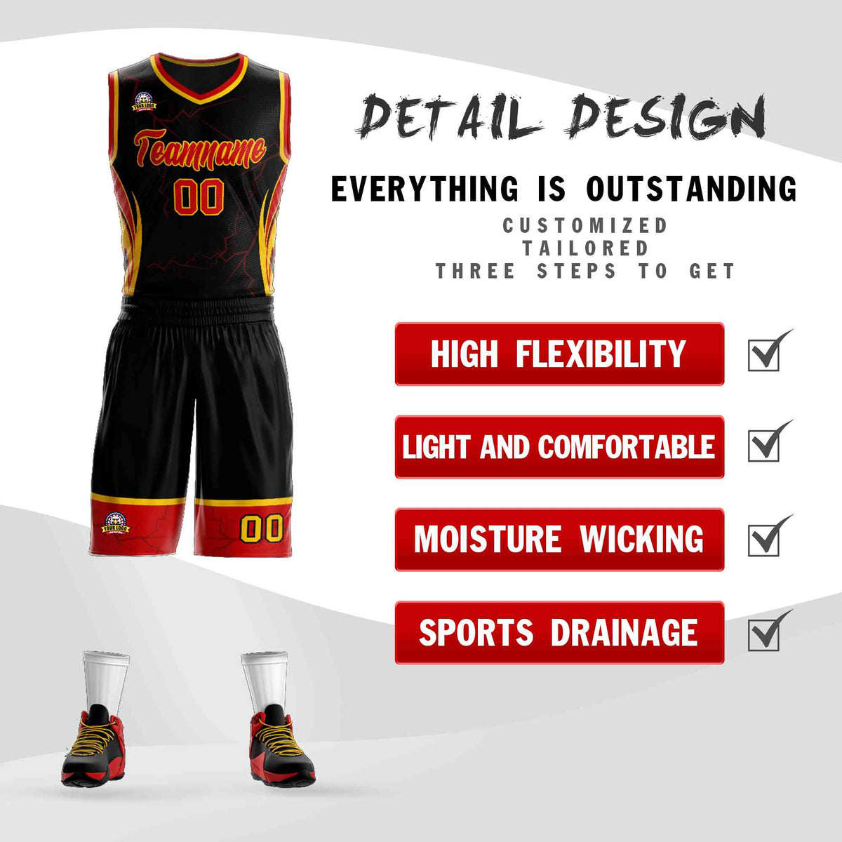 Custom Black Red-Gold Graffiti Pattern Kits Lightning Basketball Jersey