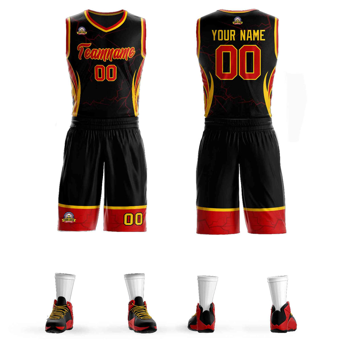 Custom Black Red-Gold Graffiti Pattern Kits Lightning Basketball Jersey