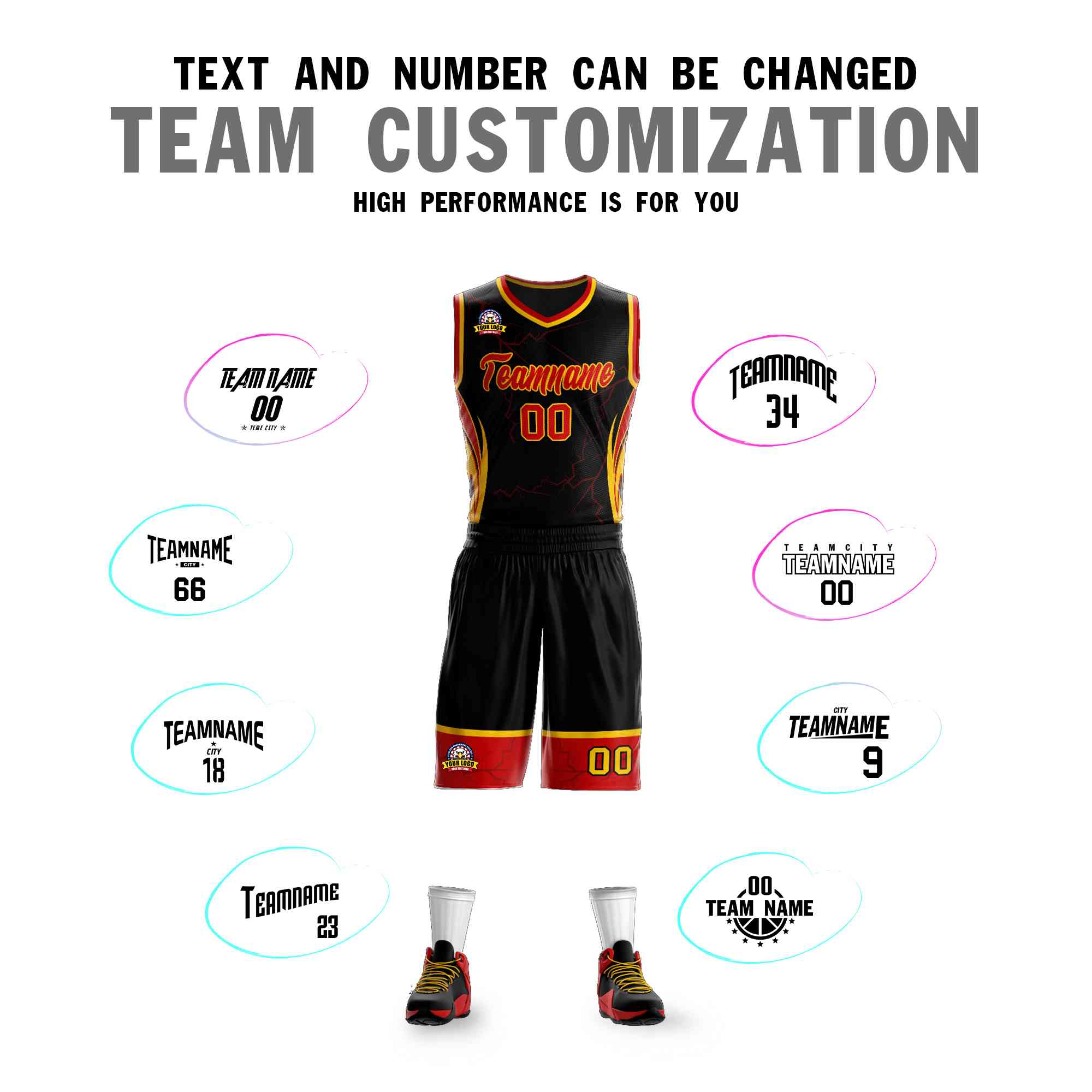 Custom Black Red-Gold Graffiti Pattern Kits Lightning Basketball Jersey