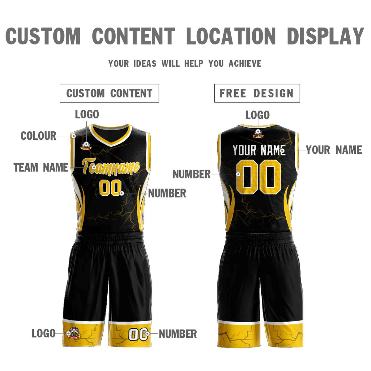 Custom Black Gold-White Graffiti Pattern Kits Lightning Basketball Jersey