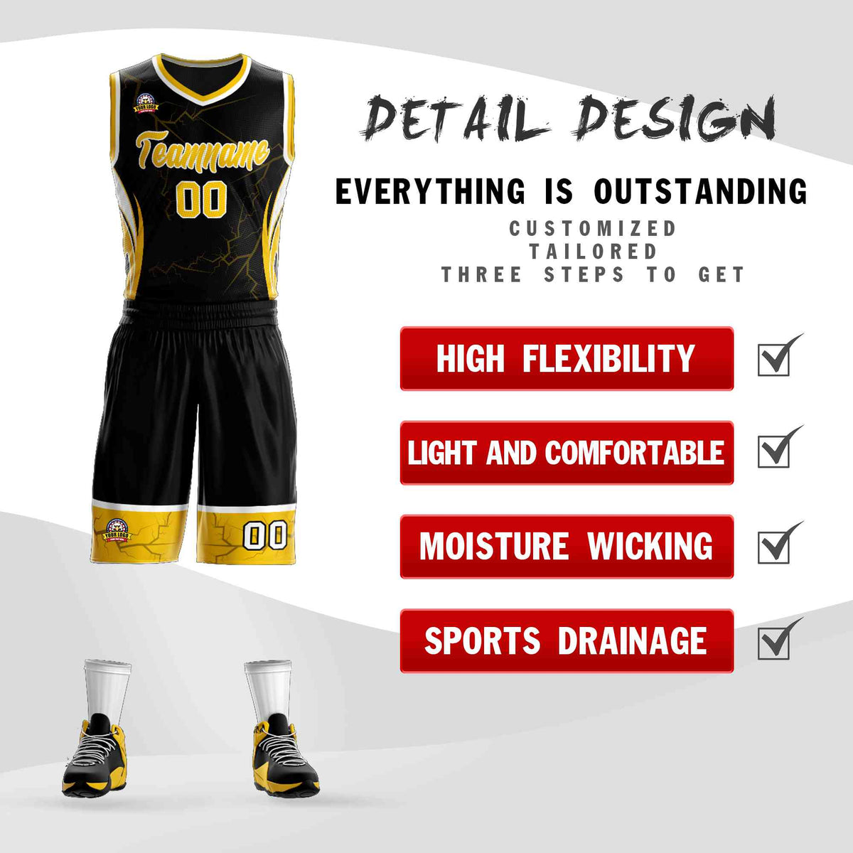 Custom Black Gold-White Graffiti Pattern Kits Lightning Basketball Jersey