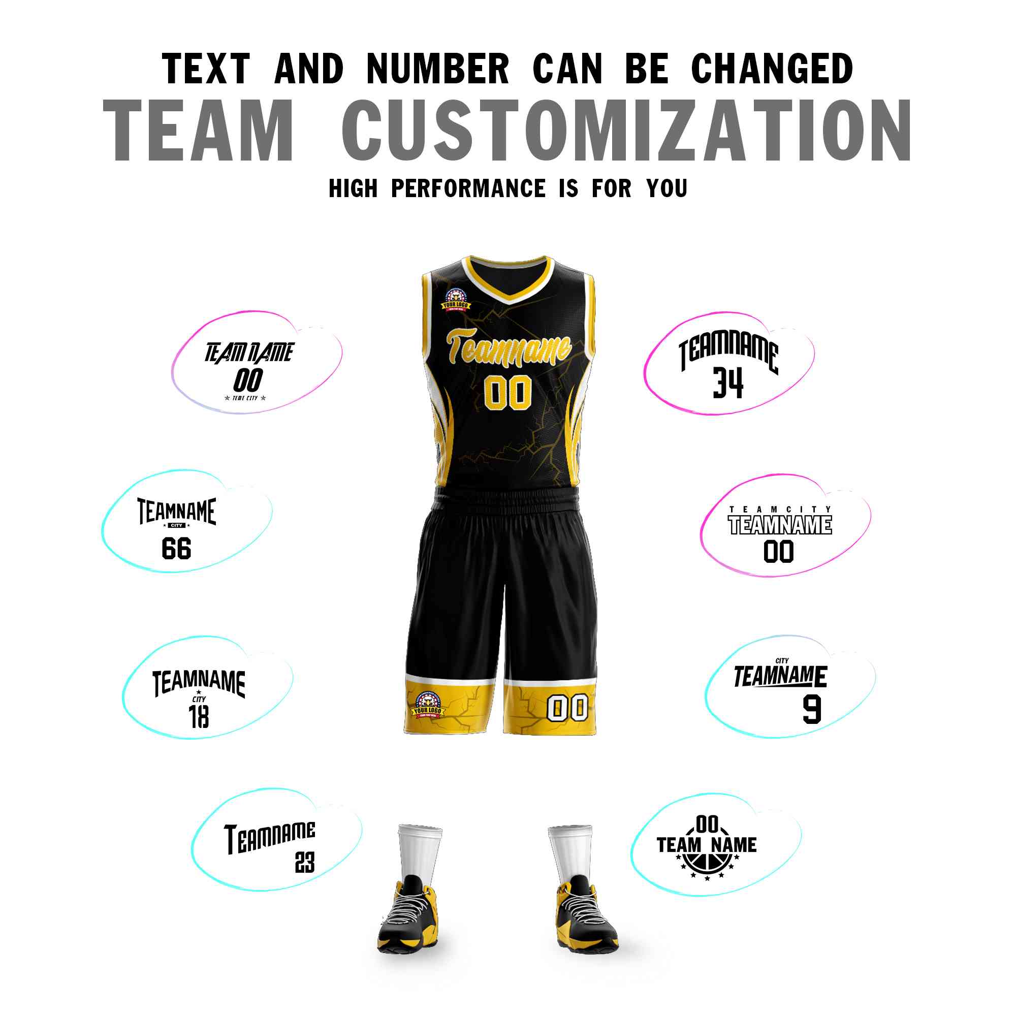Custom Black Gold-White Graffiti Pattern Kits Lightning Basketball Jersey
