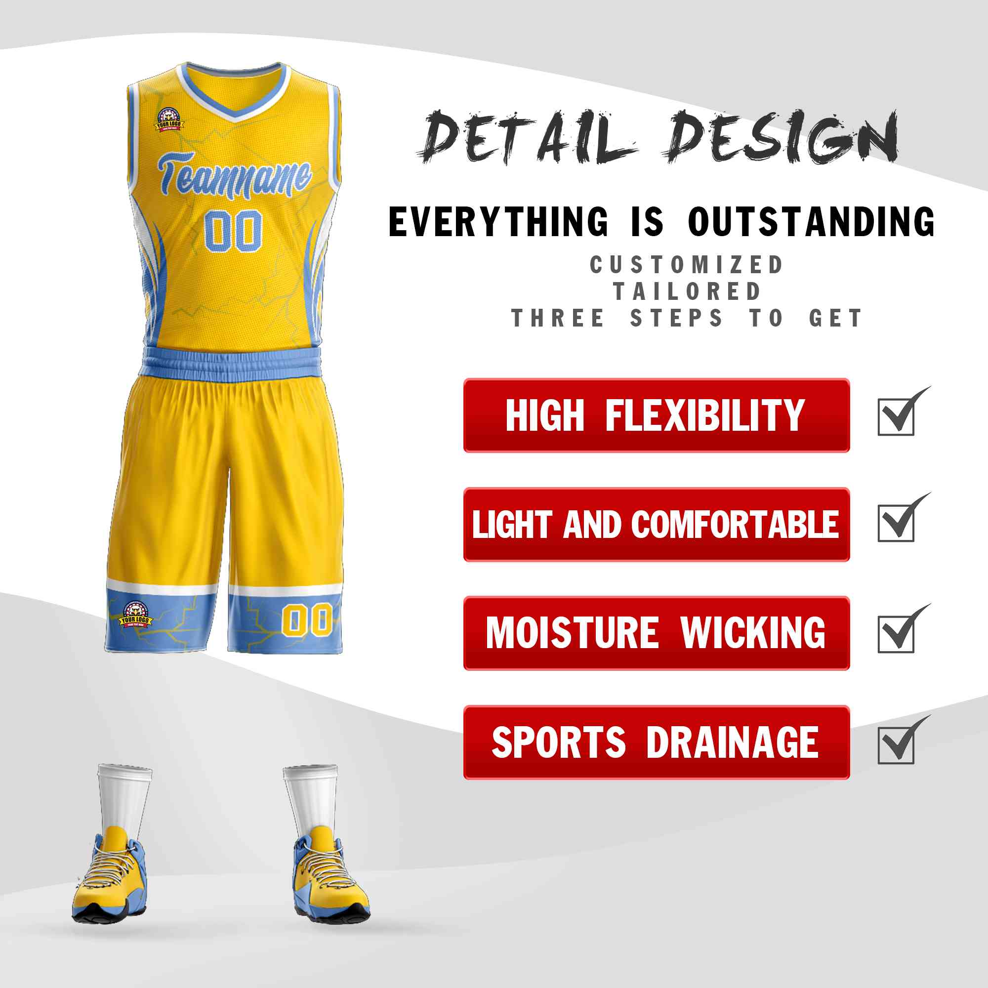 Custom Gold Light Blue-White Graffiti Pattern Kits Lightning Basketball Jersey
