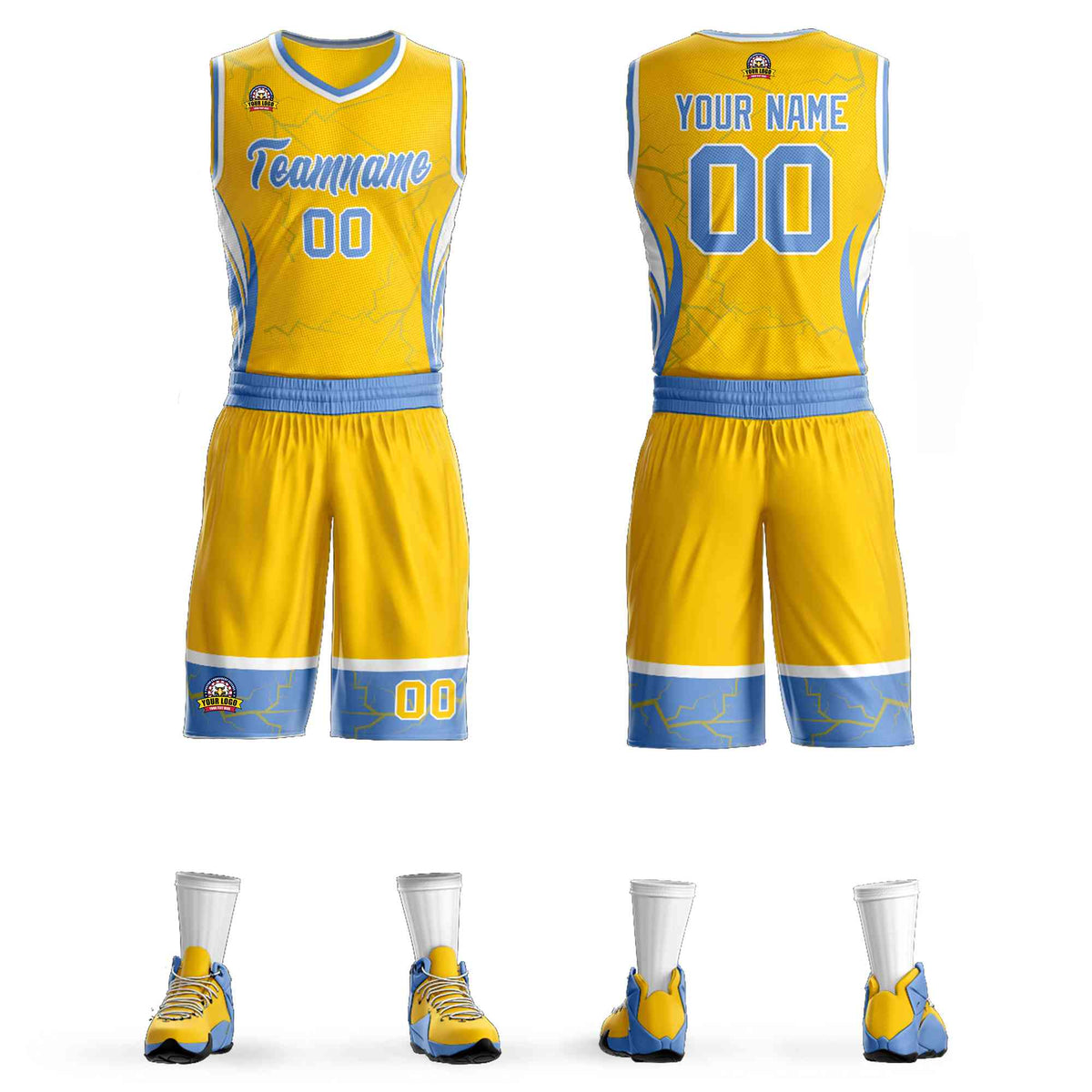 Custom Gold Light Blue-White Graffiti Pattern Kits Lightning Basketball Jersey