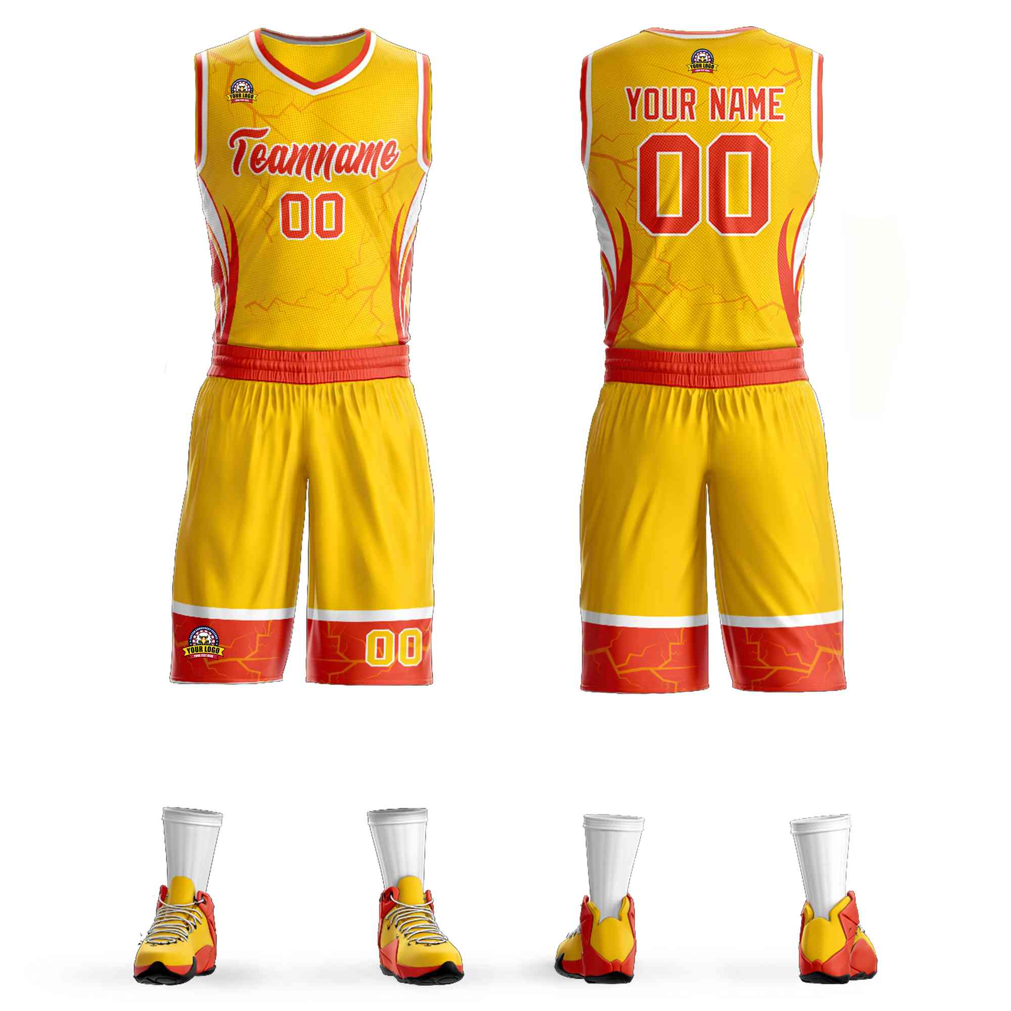Custom Gold Orange-White Graffiti Pattern Kits Lightning Basketball Jersey