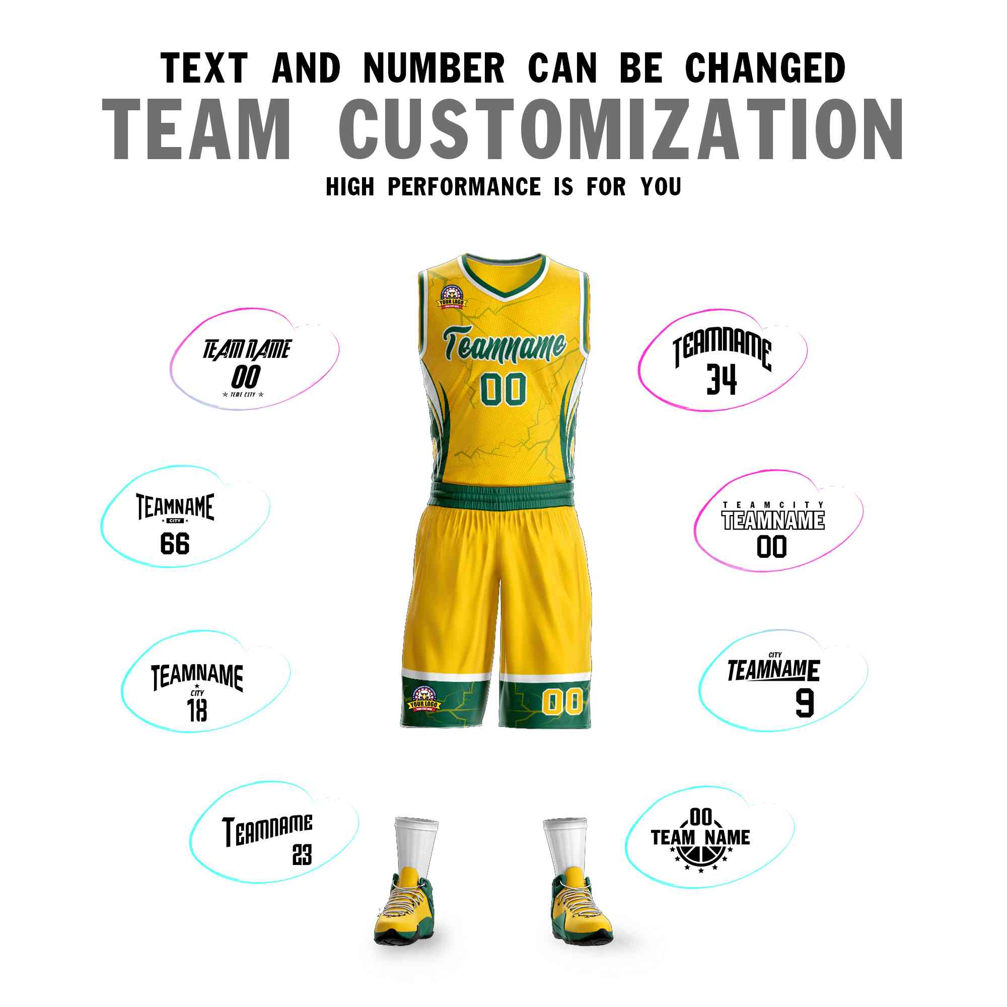 Custom Gold Kelly Green-White Graffiti Pattern Kits Lightning Basketball Jersey
