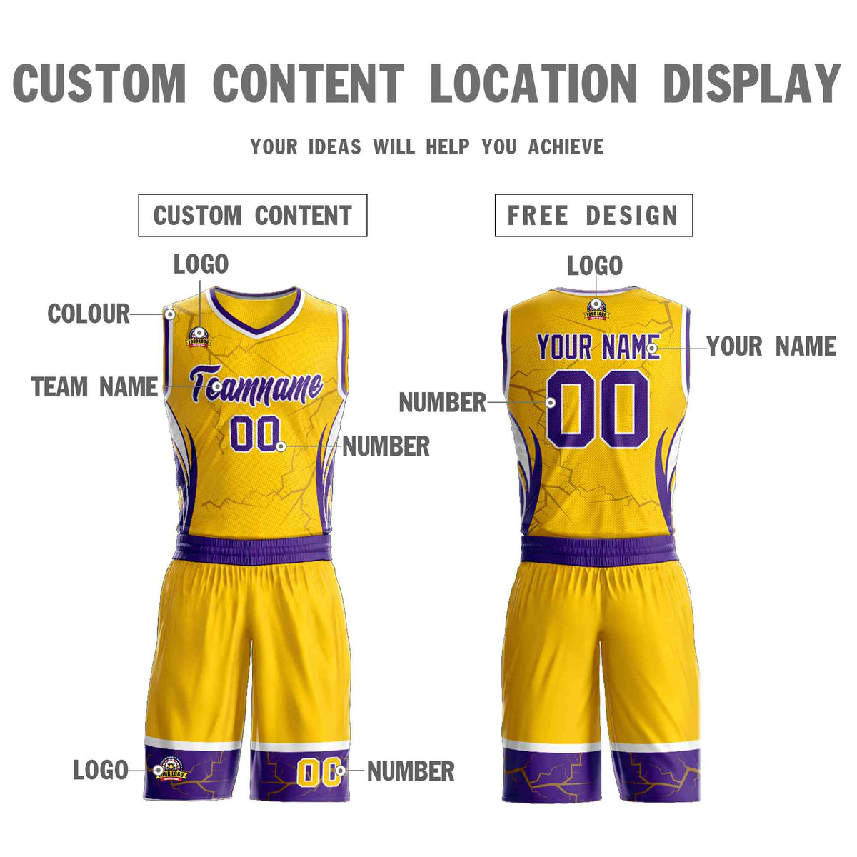 Custom Gold Purple-White Graffiti Pattern Kits Lightning Basketball Jersey